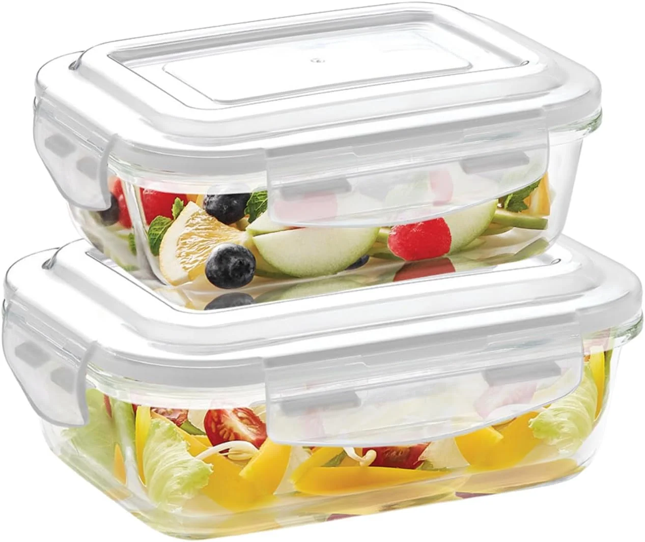 ظرف شیشه ای مستطیلی بوروسیل مدل Klip-N-Store با درب محکم و مناسب نگهداری مواد غذایی، قابل استفاده در مایکروویو، بسته 2 عددی - 640 میلی لیتر + 370 میلی لیتر، 12DSPL10