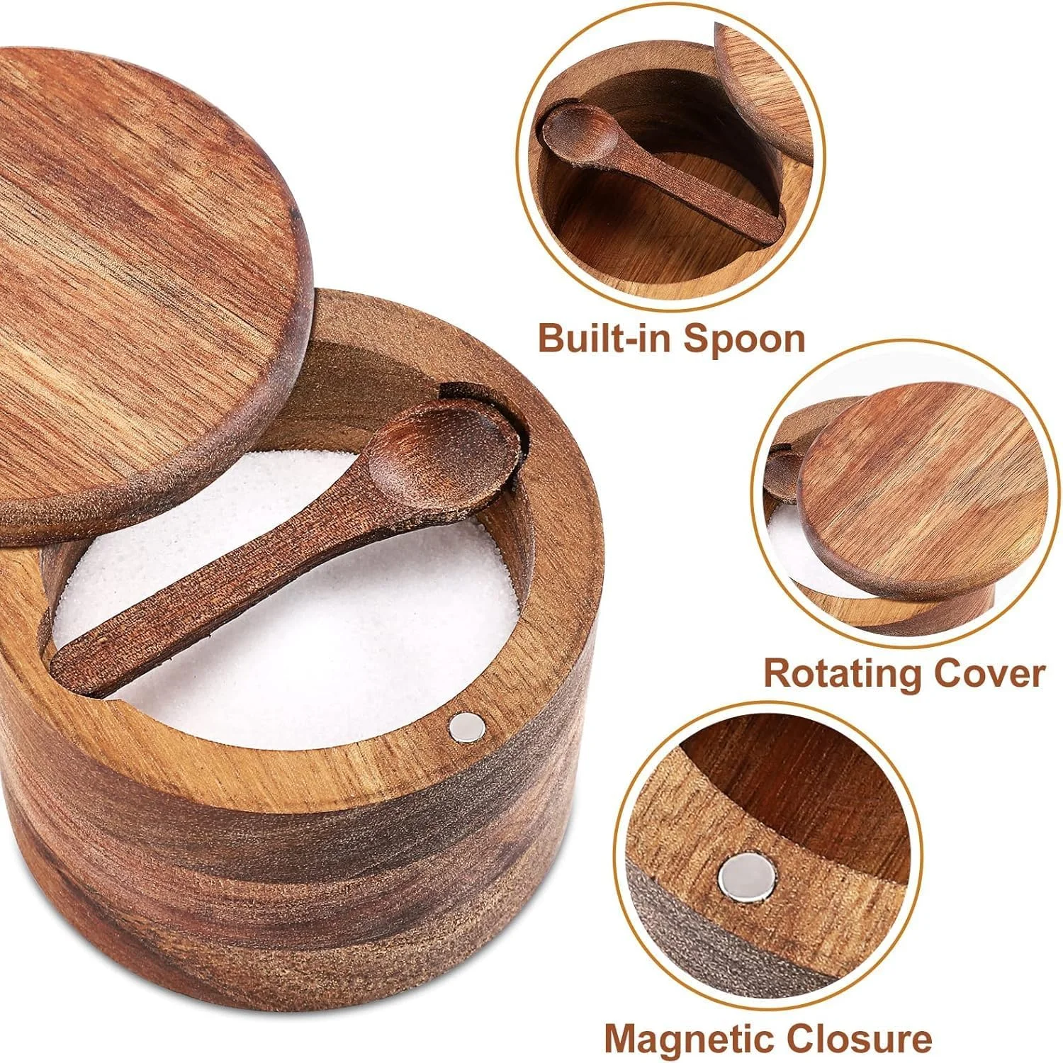 ظروف چوبی نمک و فلفل BIGTHREE، ظروف چوبی نگهداری ادویه، کاسه چوبی نمک با قاشق، دارای درب، بادوام، برای آشپزخانه های خانگی، رستوران ها برای نگهداری ادویه هایی مانند نمک و فلفل.