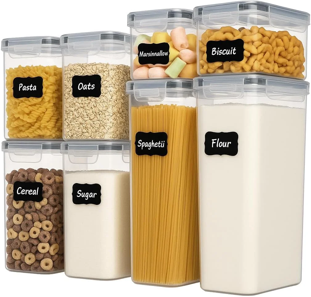 ظروف نگهداری مواد غذایی درب دار BITEFULL - بسته 8 عددی، ظروف پلاستیکی بدون BPA برای نگهداری مواد غذایی در کابینت، ظروف سازماندهی و نگهداری آشپزخانه برای غلات، پاستا، آرد، شکر، اسپاگتی به همراه برچسب و ماژیک