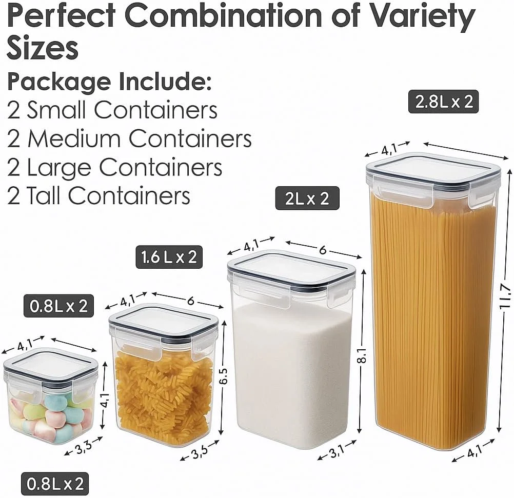 ظروف نگهداری مواد غذایی درب دار BITEFULL - بسته 8 عددی، ظروف پلاستیکی بدون BPA برای نگهداری مواد غذایی در کابینت، ظروف سازماندهی و نگهداری آشپزخانه برای غلات، پاستا، آرد، شکر، اسپاگتی به همراه برچسب و ماژیک