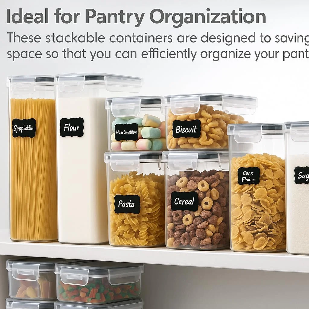 ظروف نگهداری مواد غذایی درب دار BITEFULL - بسته 8 عددی، ظروف پلاستیکی بدون BPA برای نگهداری مواد غذایی در کابینت، ظروف سازماندهی و نگهداری آشپزخانه برای غلات، پاستا، آرد، شکر، اسپاگتی به همراه برچسب و ماژیک