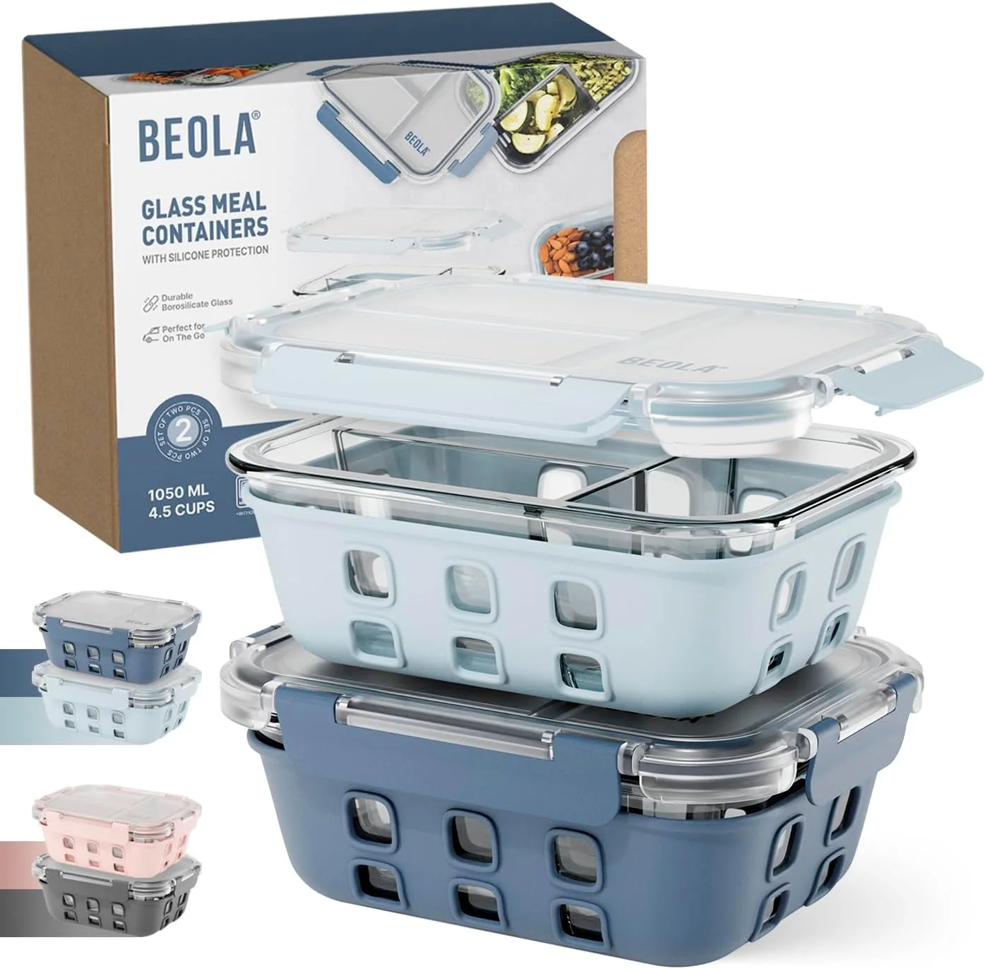 ست 2 عددی ظرف غذای شیشه ای BEOLA، جعبه ناهار، با درب محکم و محافظ سیلیکونی، 3 قسمتی، قابل استفاده در فریزر، ماشین ظرفشویی و مایکروویو، شیشه ای (آبی/آبی یخی)
