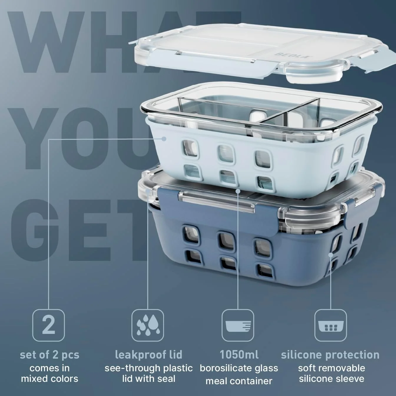 ست 2 عددی ظرف غذای شیشه ای BEOLA، جعبه ناهار، با درب محکم و محافظ سیلیکونی، 3 قسمتی، قابل استفاده در فریزر، ماشین ظرفشویی و مایکروویو، شیشه ای (آبی/آبی یخی)