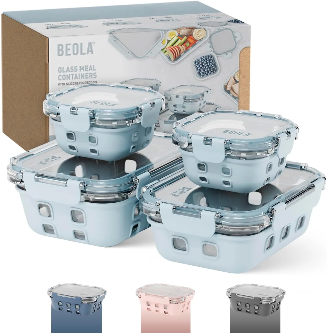 ست 4 تایی ظروف شیشه ای نگهداری غذا BEOLA، جعبه ناهار، با درب های محکم و محافظ سیلیکونی، سازمان دهنده غذای ضد نشت، مناسب برای فریزر، ماشین ظرفشویی، مایکروویو، شیشه ای (آبی یخی)