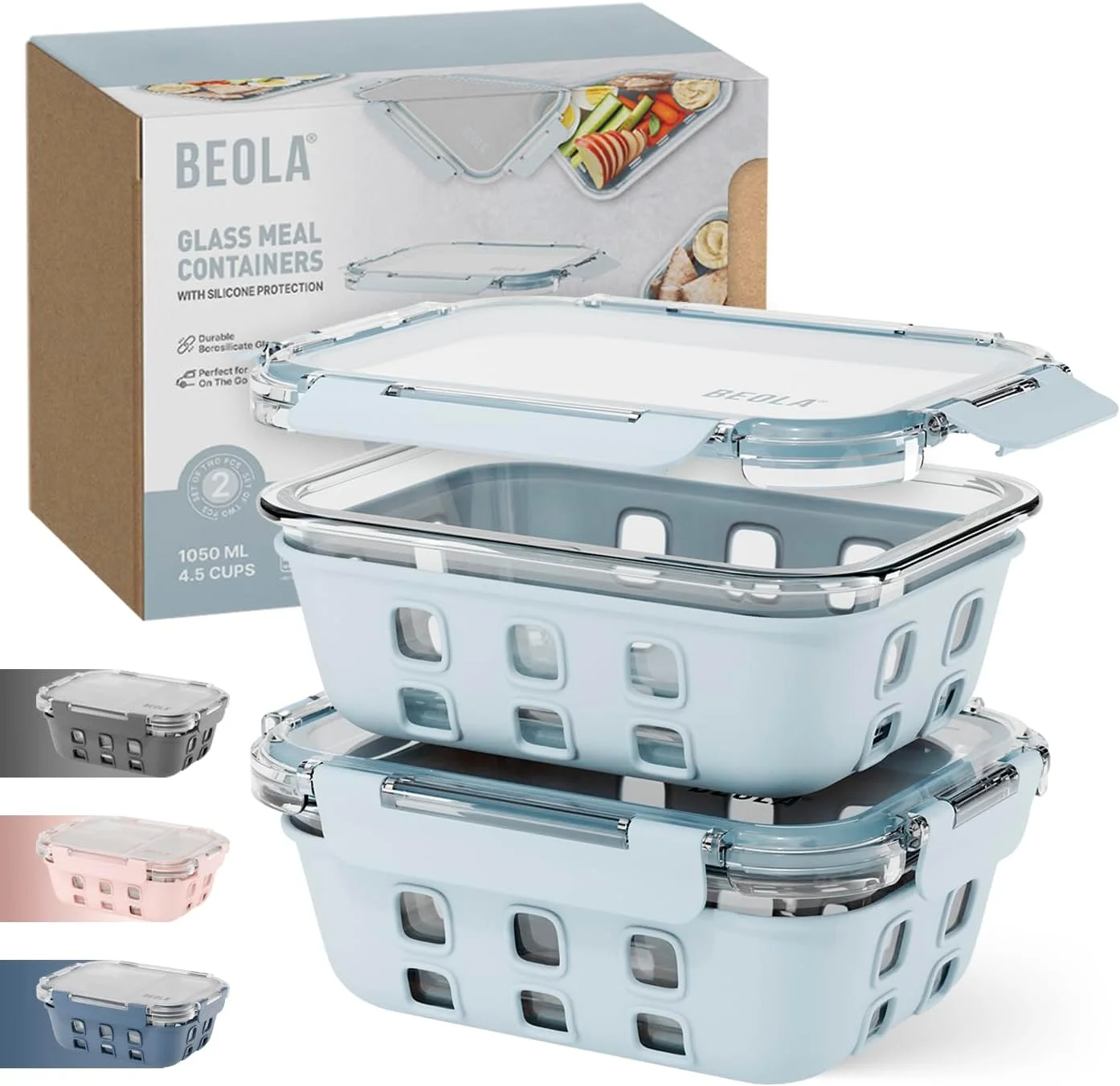 ست 2 عددی ظروف شیشه ای نگهداری غذا BEOLA، جعبه ناهار، با درب های محکم و محافظ سیلیکونی، سازمان دهنده غذای ضد نشت، قابل استفاده در فریزر، ماشین ظرفشویی و مایکروویو، شیشه ای (1050 میلی لیتر، آبی یخی)