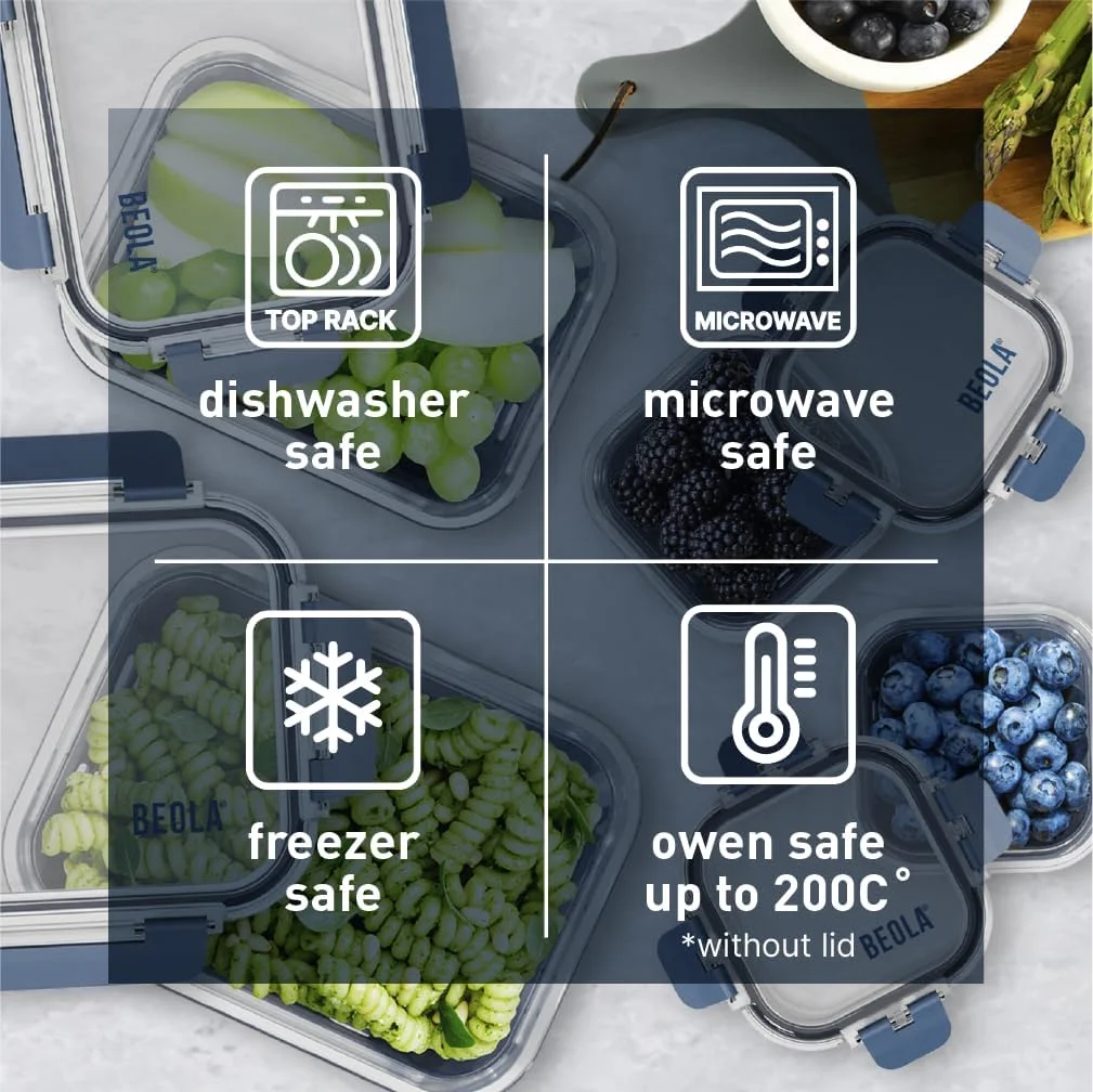 ست 2 عددی ظرف غذای شیشه ای BEOLA، جعبه ناهار، با درب محکم و محافظ سیلیکونی، 3 قسمتی، قابل استفاده در فریزر، ماشین ظرفشویی و مایکروویو، شیشه ای (آبی/آبی یخی)