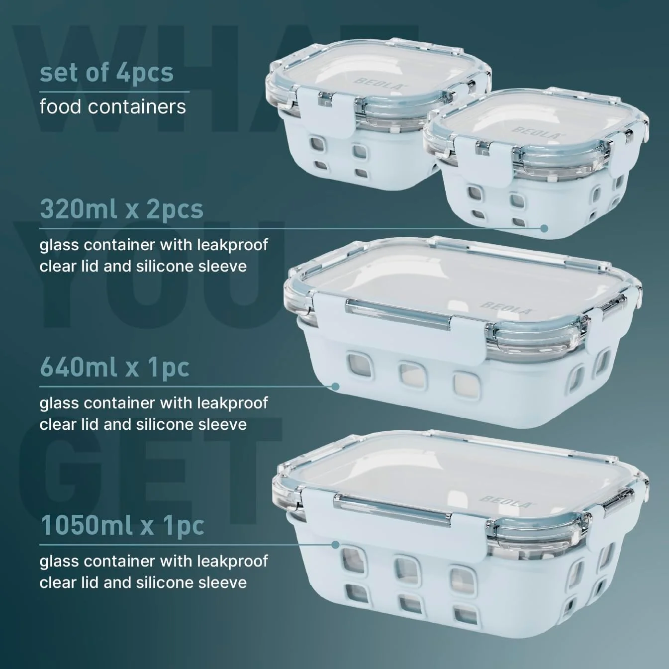 ست 4 تایی ظروف شیشه ای نگهداری غذا BEOLA، جعبه ناهار، با درب های محکم و محافظ سیلیکونی، سازمان دهنده غذای ضد نشت، مناسب برای فریزر، ماشین ظرفشویی، مایکروویو، شیشه ای (آبی یخی)