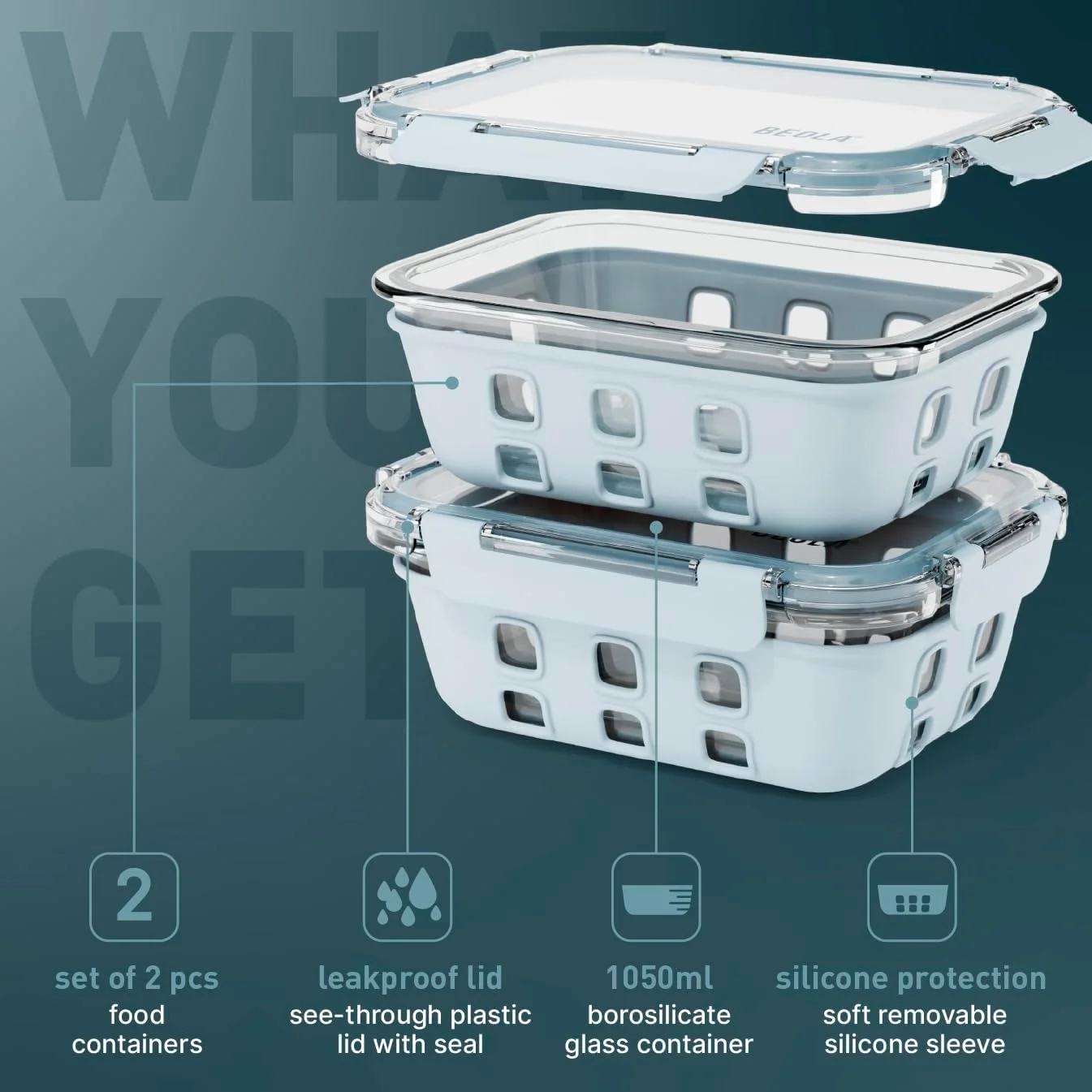 ست 2 عددی ظروف شیشه ای نگهداری غذا BEOLA، جعبه ناهار، با درب های محکم و محافظ سیلیکونی، سازمان دهنده غذای ضد نشت، قابل استفاده در فریزر، ماشین ظرفشویی و مایکروویو، شیشه ای (1050 میلی لیتر، آبی یخی)