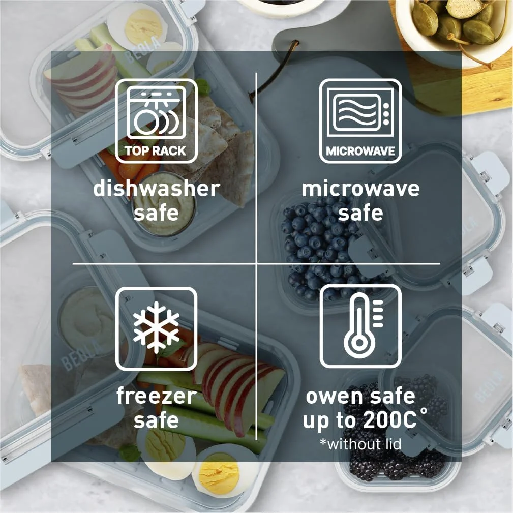ست 2 عددی ظروف شیشه ای نگهداری غذا BEOLA، جعبه ناهار، با درب های محکم و محافظ سیلیکونی، سازمان دهنده غذای ضد نشت، قابل استفاده در فریزر، ماشین ظرفشویی و مایکروویو، شیشه ای (1050 میلی لیتر، آبی یخی)