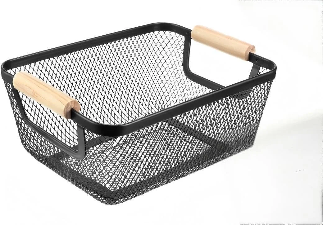 سبد فلزی کوچک با دسته‌های چوبی، سبد نظم دهنده توری فلزی برای خانه، آشپزخانه، انبار، کمد و یخچال - ایده آل برای میوه، تنقلات، لوازم آرایش و هدایا (مشکی، 1 عدد)