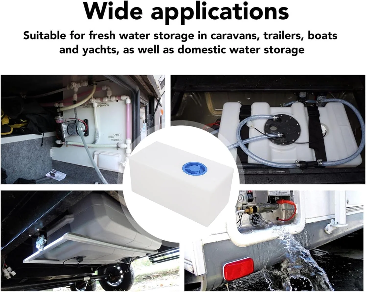 مخزن آب 61 لیتری Oreilet، از جنس پلی اتیلن LLDPE مناسب مواد غذایی، 65x31.5x29.5 سانتی متر، مخزن ذخیره سازی قابل حمل برای تریلرها، قایق ها، قایق تفریحی و خانه های متحرک، مخزن نگهداری آب آشامیدنی