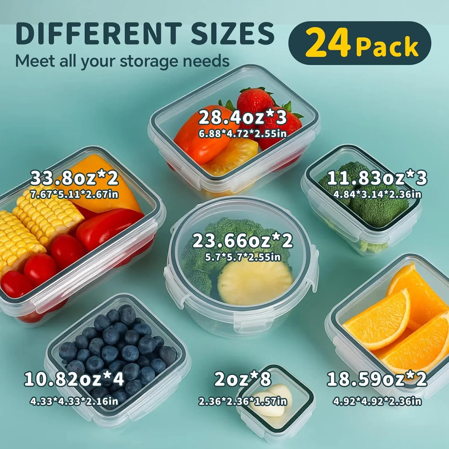 ست 24 عددی ظروف نگهداری مواد غذایی درب‌دار Baytion | بدون BPA، قابل چیدن، قابل استفاده در مایکروویو/ماشین ظرفشویی | ست ظروف پلاستیکی قابل استفاده مجدد و ضد نشت برای آماده‌سازی غذا، فریزر، کمپینگ
