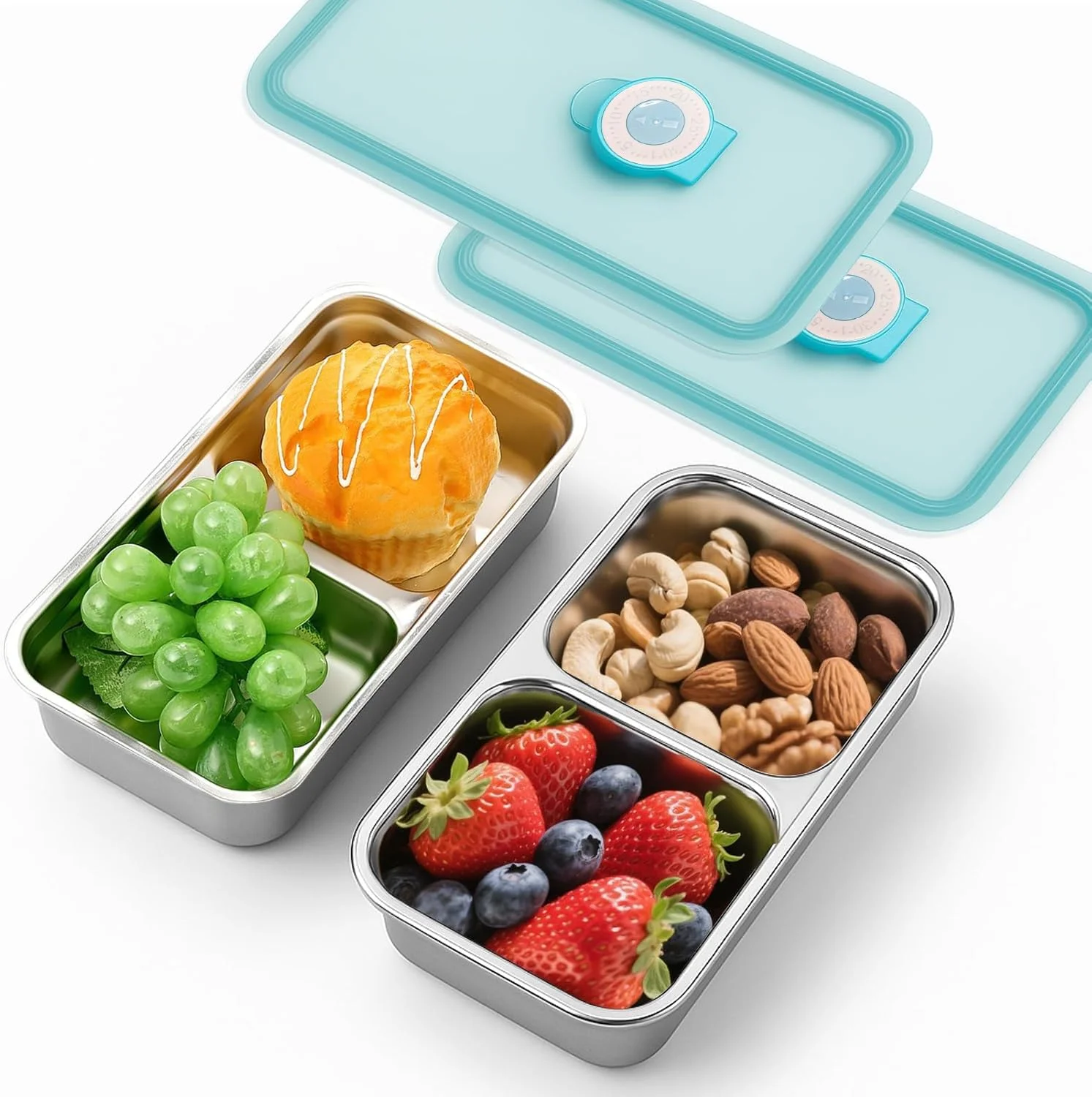 ظروف اسنک دو محفظه ای استیل BananaHome، بسته 2 عددی، ظروف چاشنی قابل استفاده مجدد با درب، ظروف کوچک نگهداری مواد غذایی برای کمپینگ و مسافرت در فضای باز (2 عدد)