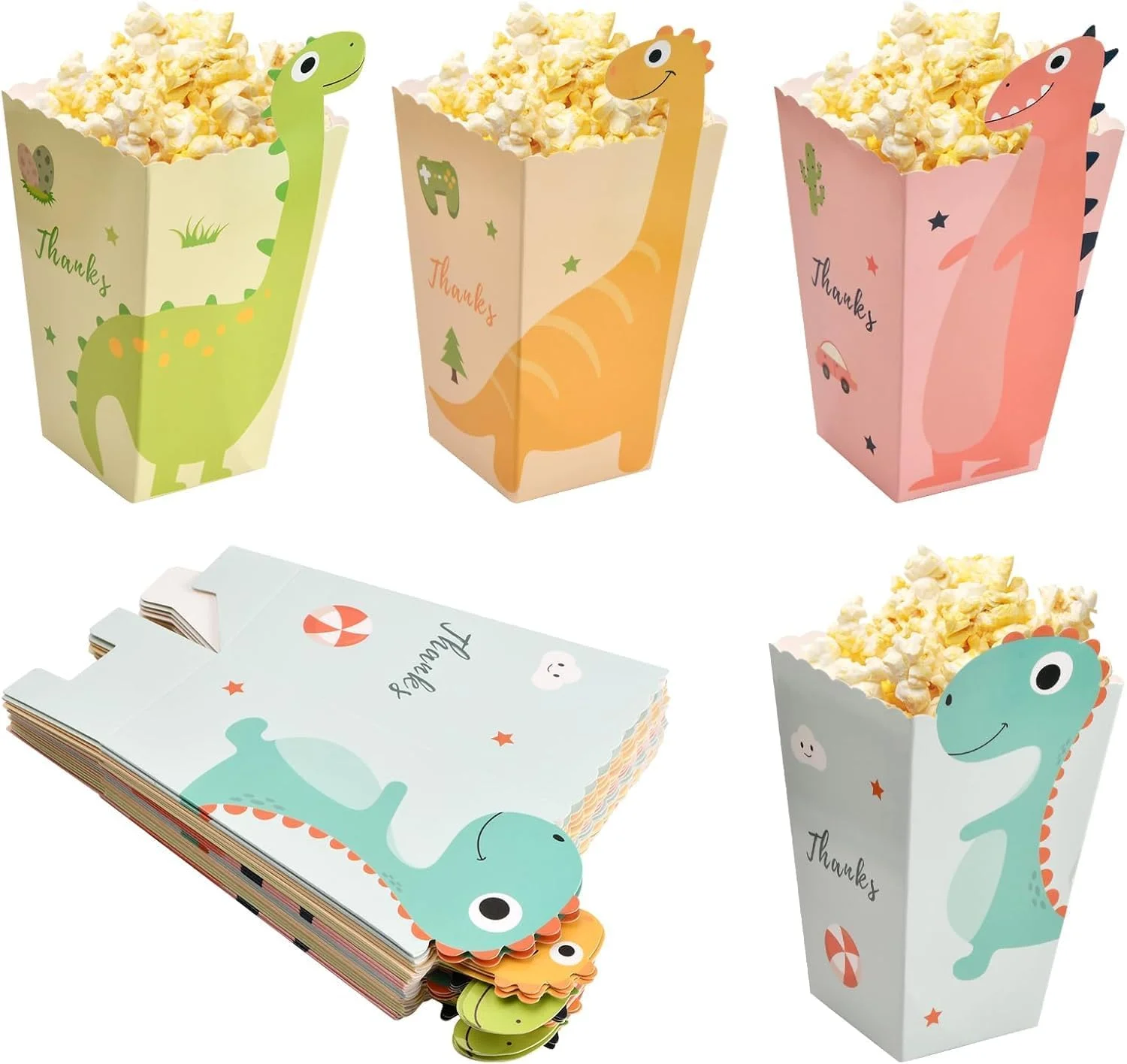 جعبه پاپ کورن آزونی، 24 عدد جعبه پاپ کورن طرح دایناسور، نگهدارنده پاپ کورن کاغذی 4 رنگ، ظروف پاپ کورن مقوایی، جعبه پاپ کورن برای جشن تولد کودکان، شب فیلم، کارناوال و سینما