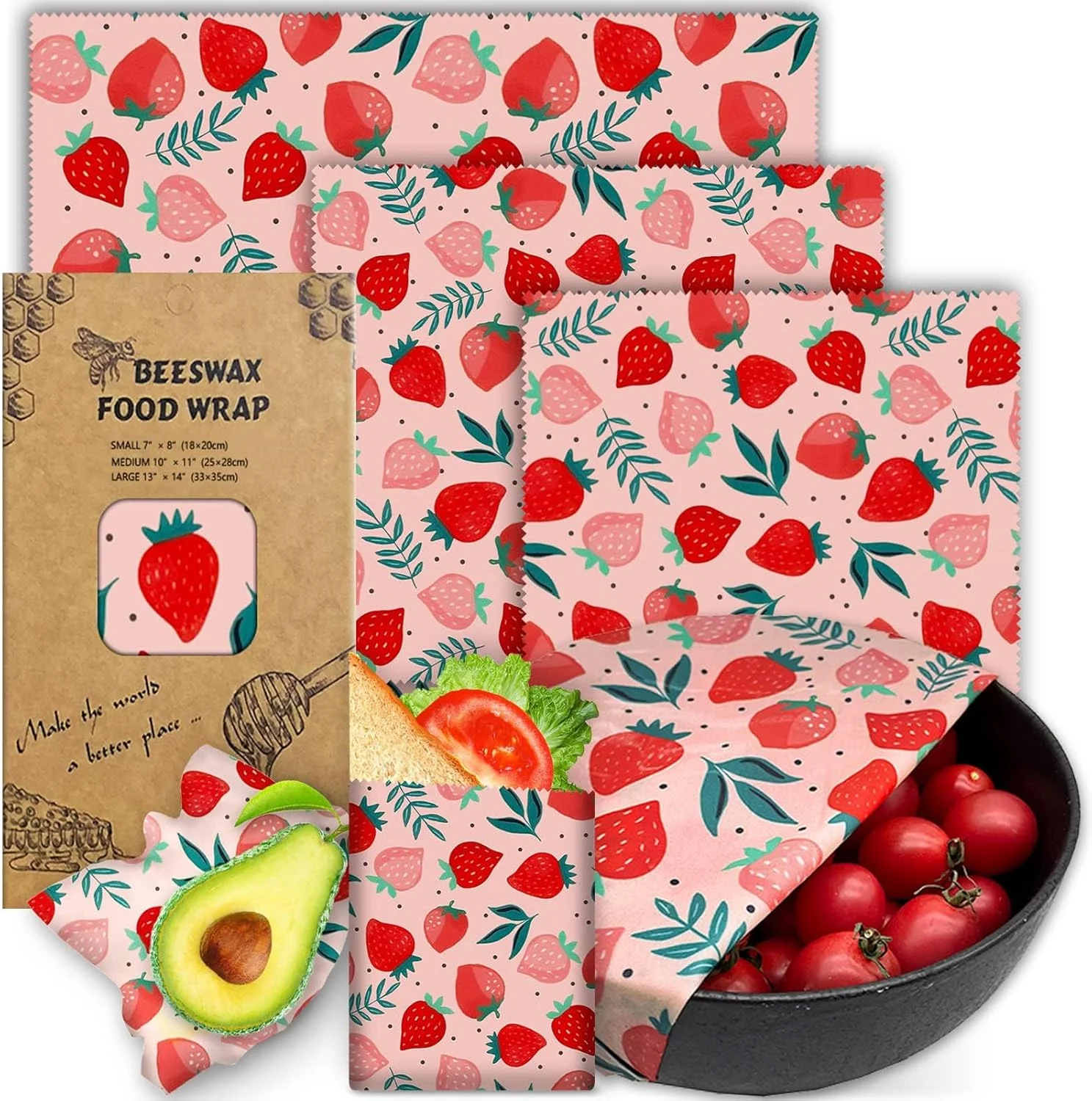 روکش مومی زنبور عسل قابل استفاده مجدد Azonee - بسته 3 عددی روکش مومی زنبور عسل برای غذا، روکش های غذایی مومی زنبور عسل سازگار با محیط زیست، روکش ساندویچ نان - ارگانیک، پایدار، روکش نگهداری مواد غذایی رایگان، 1 بزرگ، 1 متوسط، 1 کوچک با طرح توت فرنگی