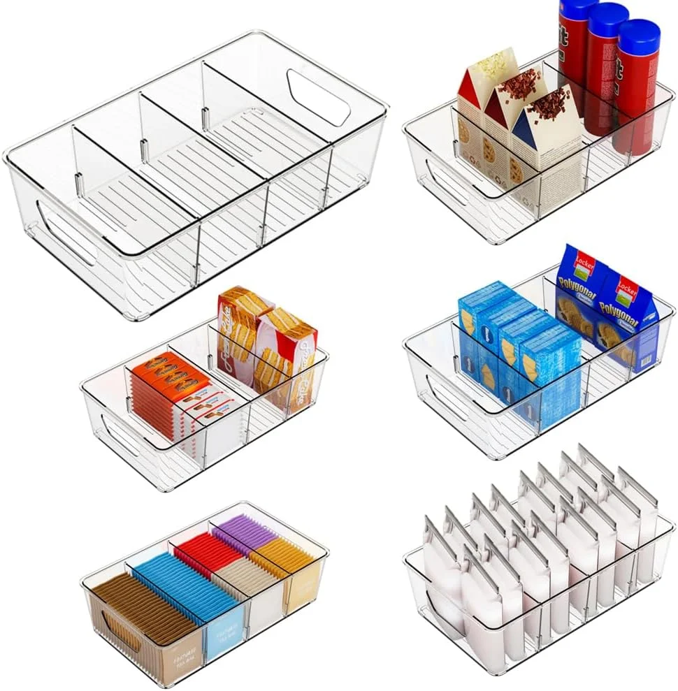 جعبه نگهداری مواد غذایی آزون، ظروف سازماندهی مواد غذایی، سازمان دهنده های قابل چیدن بسته های چای و تنقلات برای انبار، آشپزخانه، یخچال، فریزر، برای تنقلات و چای کیسه ای (6 عدد شفاف)