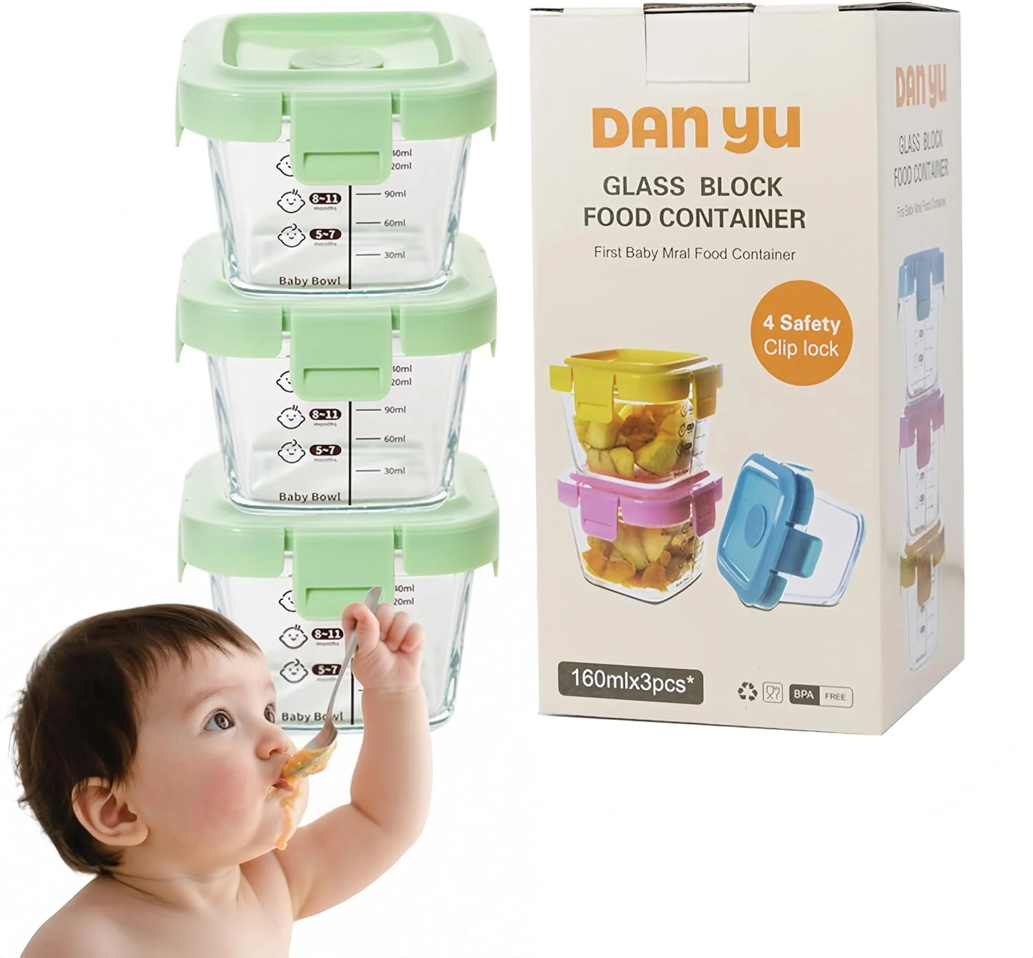ست 3 عددی ظروف نگهداری غذای کودک 170 میلی لیتری، ظروف شیشه ای درب دار، قابل استفاده در مایکروویو، قابل استفاده مجدد، قابل شستشو در ماشین ظرفشویی و فریزر (شیر مادر، یخچال) (سبز)