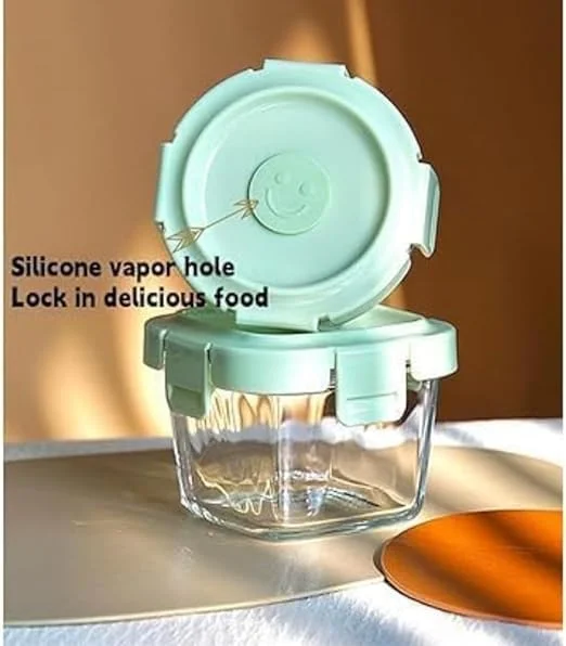 ست 3 عددی ظروف نگهداری غذای کودک 170 میلی لیتری، ظروف شیشه ای درب دار، قابل استفاده در مایکروویو، قابل استفاده مجدد، قابل شستشو در ماشین ظرفشویی و فریزر (شیر مادر، یخچال) (سبز)