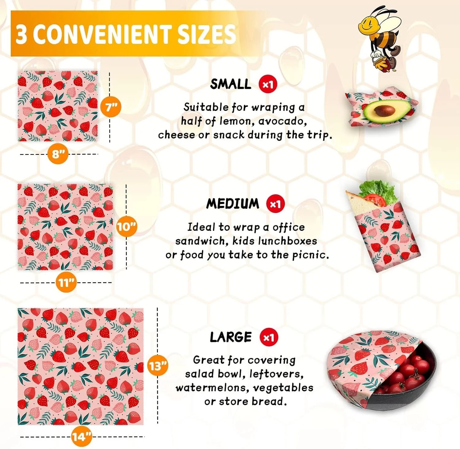 روکش مومی زنبور عسل قابل استفاده مجدد Azonee - بسته 3 عددی روکش مومی زنبور عسل برای غذا، روکش های غذایی مومی زنبور عسل سازگار با محیط زیست، روکش ساندویچ نان - ارگانیک، پایدار، روکش نگهداری مواد غذایی رایگان، 1 بزرگ، 1 متوسط، 1 کوچک با طرح توت فرنگی
