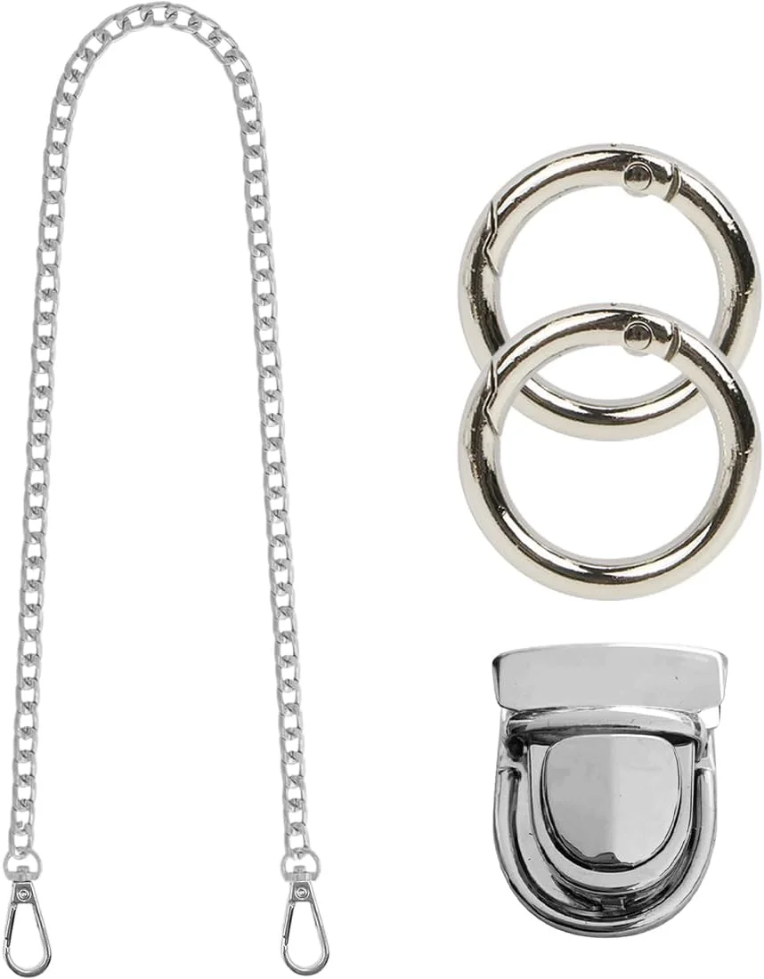 زنجیر کیف دستی فلزی نقره ای HYRKOTW طول 120 سانتی متر + 2 عدد حلقه خرچنگی + قفل کیف، زنجیر کیف، بند شانه ای کیف پول، بند زنجیری، لوازم ساخت کیف DIY