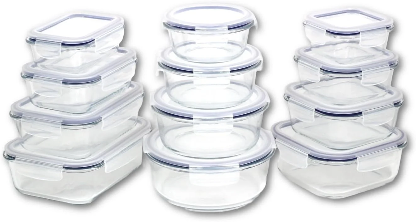مجموعه 12 تایی ظروف شیشه ای Auroware با درب های ضد نشت و هوا، بدون BPA، قابل استفاده در ماشین ظرفشویی، مایکروویو و فریزر، ظروف نگهداری مواد غذایی برای ناهار و تغذیه سالم