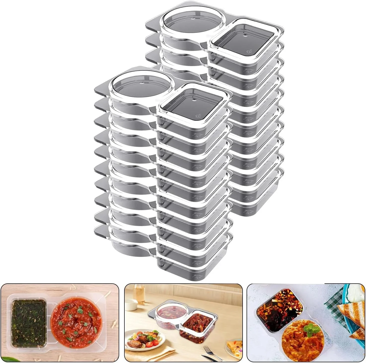 ظرف چاشنی دو قسمتی AMERTEER، 20 عدد - ظروف چاشنی ضد نشت با درب، ظروف اسنک دو قسمتی، ظرف اسنک قابل استفاده مجدد برای وعده های غذایی در حال حرکت و اسنک مسافرتی کمپینگ