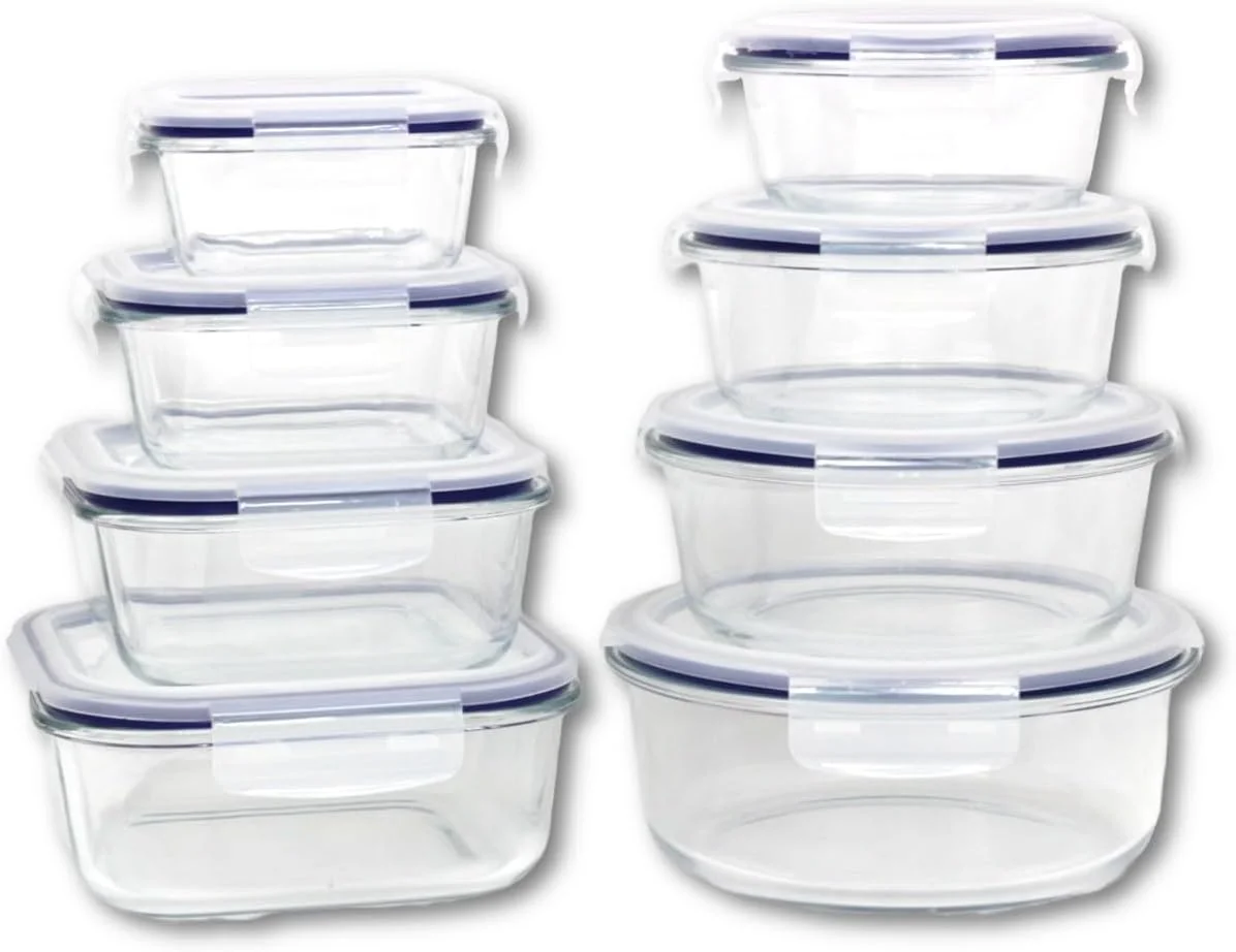 مجموعه 8 عددی ظروف شیشه ای Auroware با درب های ضد نشت و هوا، فاقد BPA، قابل استفاده در ماشین ظرفشویی، مایکروویو و فریزر، ظروف نگهداری مواد غذایی مناسب برای ناهار در مدرسه، محل کار، سالم و ایمن