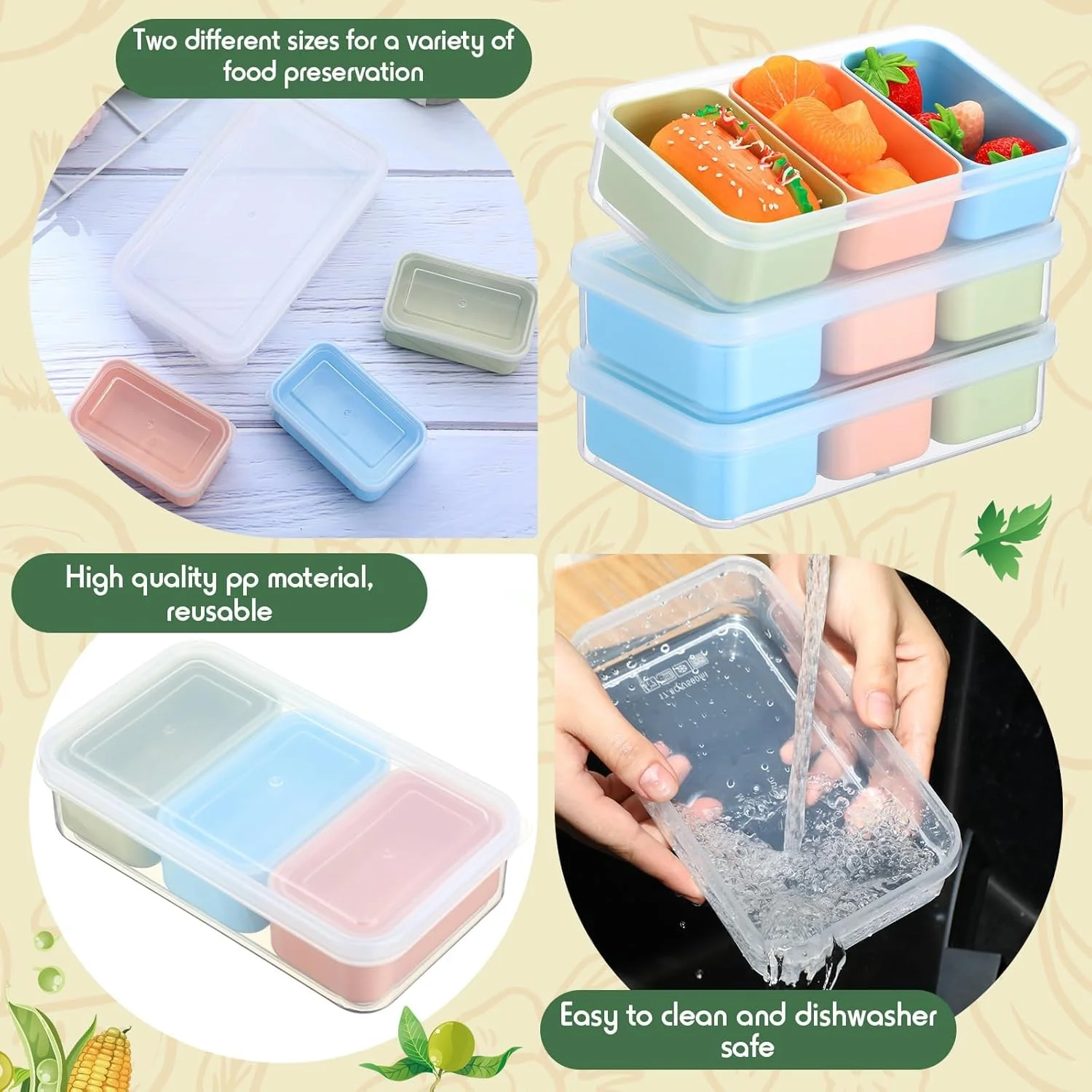 مجموعه 4 عددی ظروف اسنک Azonee با 3 محفظه جداشدنی، جعبه نگهداری مواد غذایی قابل استفاده مجدد با درب، ظروف آماده سازی غذا قابل چیدن برای یخچال، اسنک، تخته پنیر، آبنبات، آجیل، ادویه، ایمن در مایکروویو