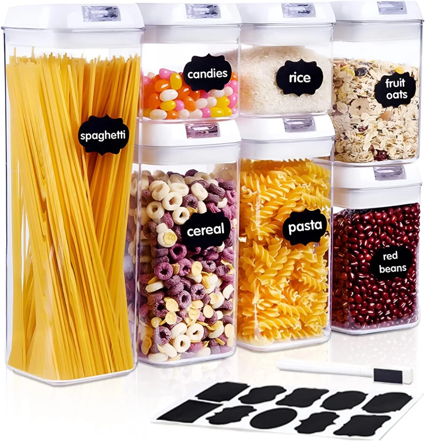 ظروف نگهداری مواد غذایی درب دار SV مناسب برای نظم دهی و نگهداری مواد غذایی در آشپزخانه (ست 7 عددی) - بدون BPA با درب های قفل دار - مناسب برای شکر، آرد، پاستا و غلات به همراه برچسب و ماژیک (ظروف نگهداری مواد غذایی_سفید)