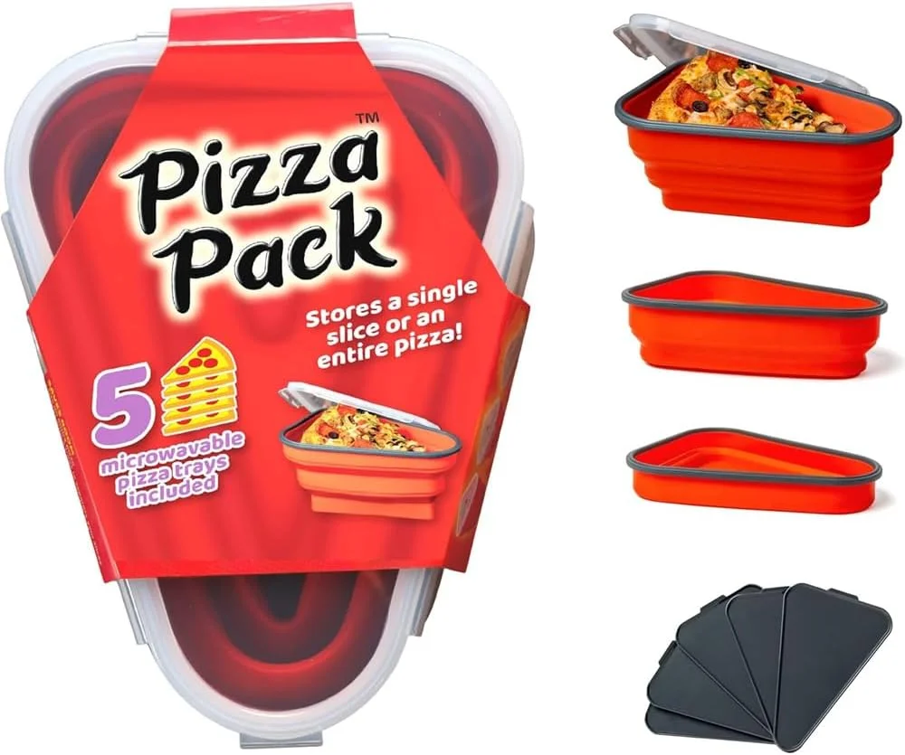 AMERTEER Pizza Pack | Collapsible Pizza Storage Container for Leftover Pizza | Microwave Safe Pizza Slice Box with 5 Reusable Trays |Stackable, Space Saving, Food Grade Silicone Pizza Keeper Lunch Box