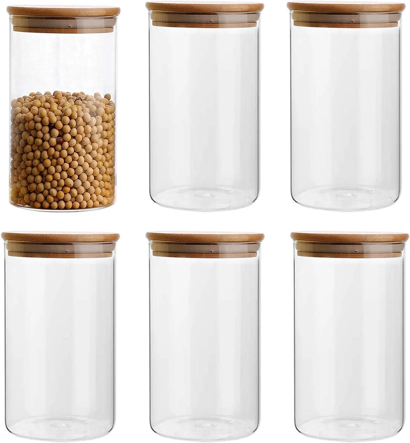 AKDC Glass Food Storage Containers Set, 1000ml, Airtight, with Wooden Lids, Set of 6