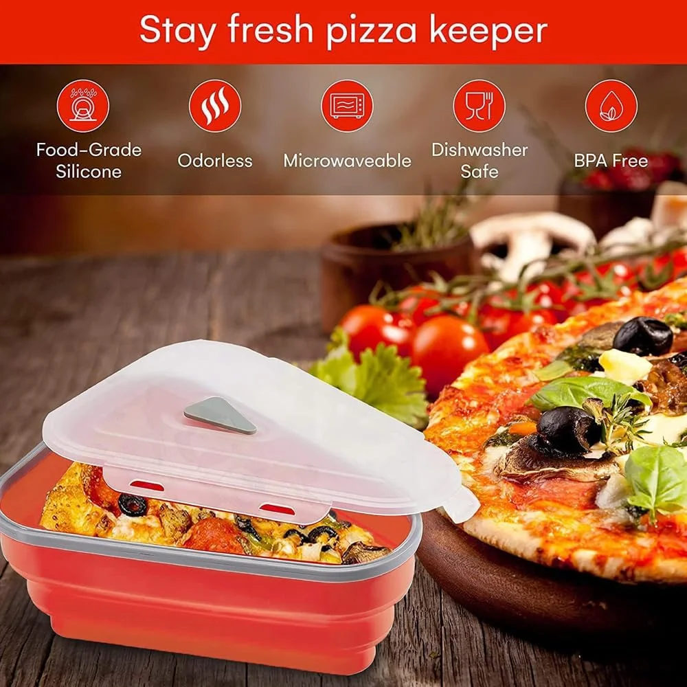 AMERTEER Pizza Pack | Collapsible Pizza Storage Container for Leftover Pizza | Microwave Safe Pizza Slice Box with 5 Reusable Trays |Stackable, Space Saving, Food Grade Silicone Pizza Keeper Lunch Box