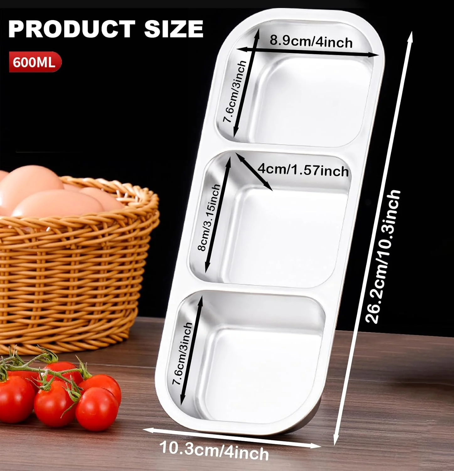 ظروف غذای سه قسمتی استیل ALANX، 600 میلی لیتر، مناسب نگهداری اسنک، درب دار، قابل استفاده مجدد، مناسب سفر، کمپینگ و نگهداری مواد غذایی