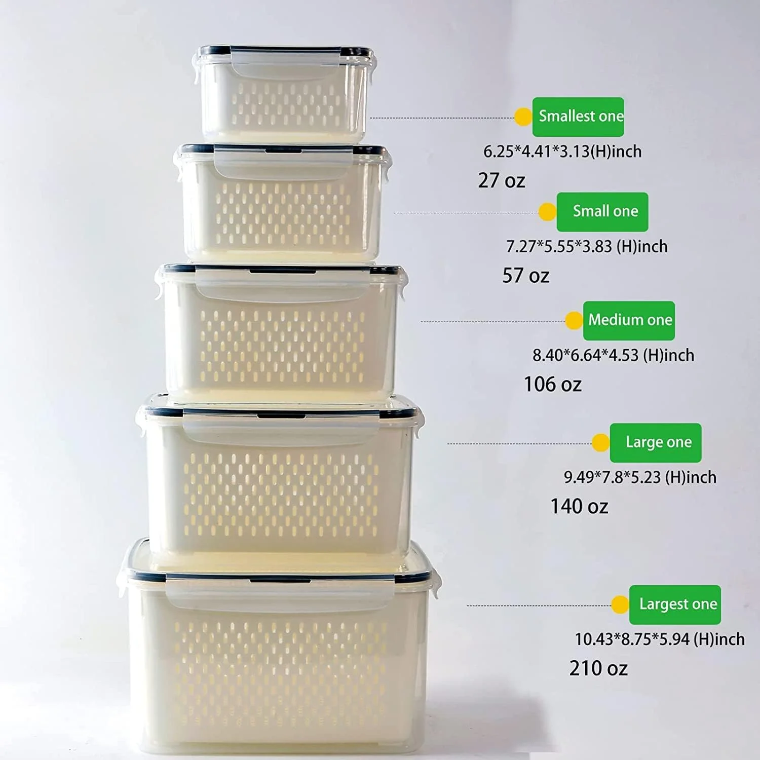 ظروف نگهداری میوه 5 تکه TYCOM برای یخچال با صافی، ظروف نگهداری مواد غذایی برای یخچال، نگهدارنده کاهو، سفید (قابل شستشو در ماشین ظرفشویی نیست) | بدون BPA