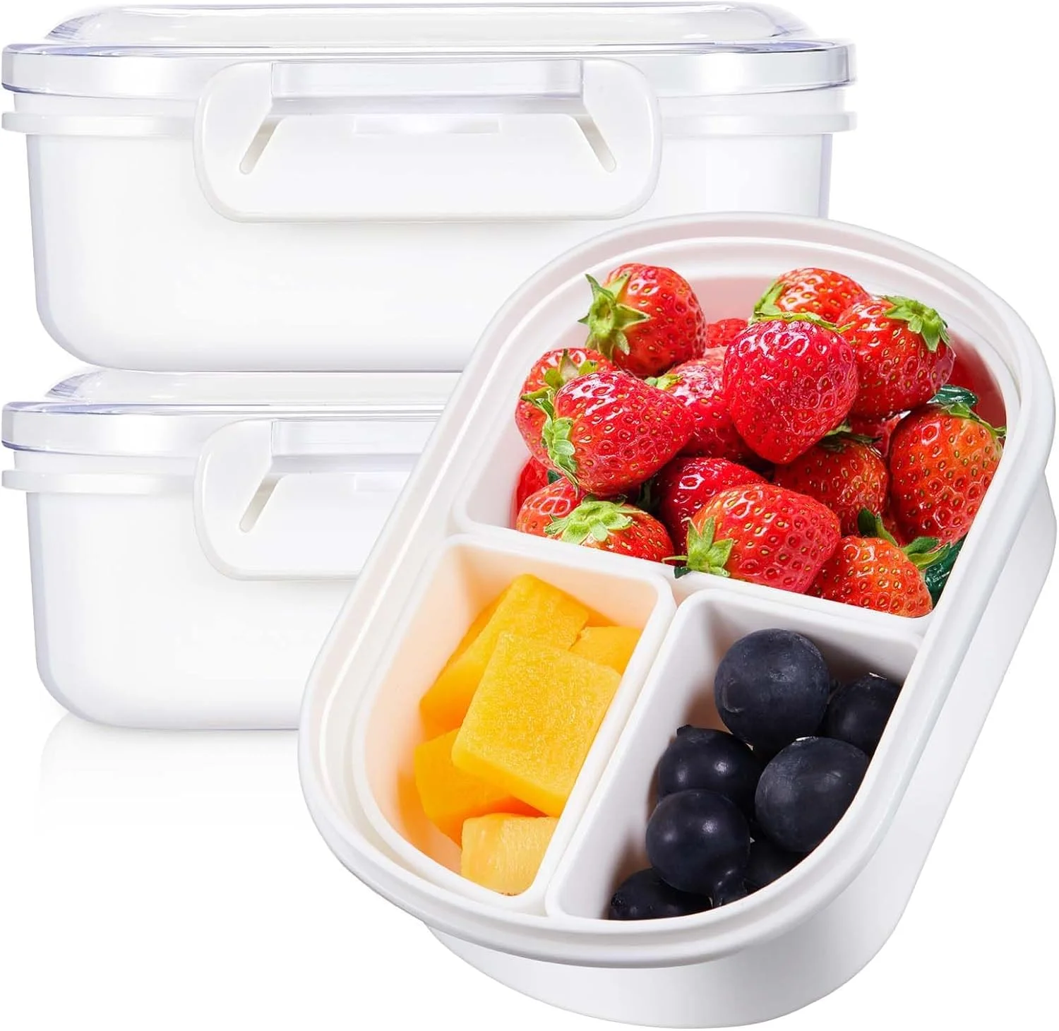 بسته 2 عددی ظرف اسنک 3 قسمتی برای کودکان، جعبه ناهار مینی بنتو قابل استفاده مجدد با جداکننده، ایده آل برای میوه ها، آب نبات، سالاد و کلوچه، سینی کنترل مقدار 1.6 فنجانی با درب برای اسنک های بیرون از خانه