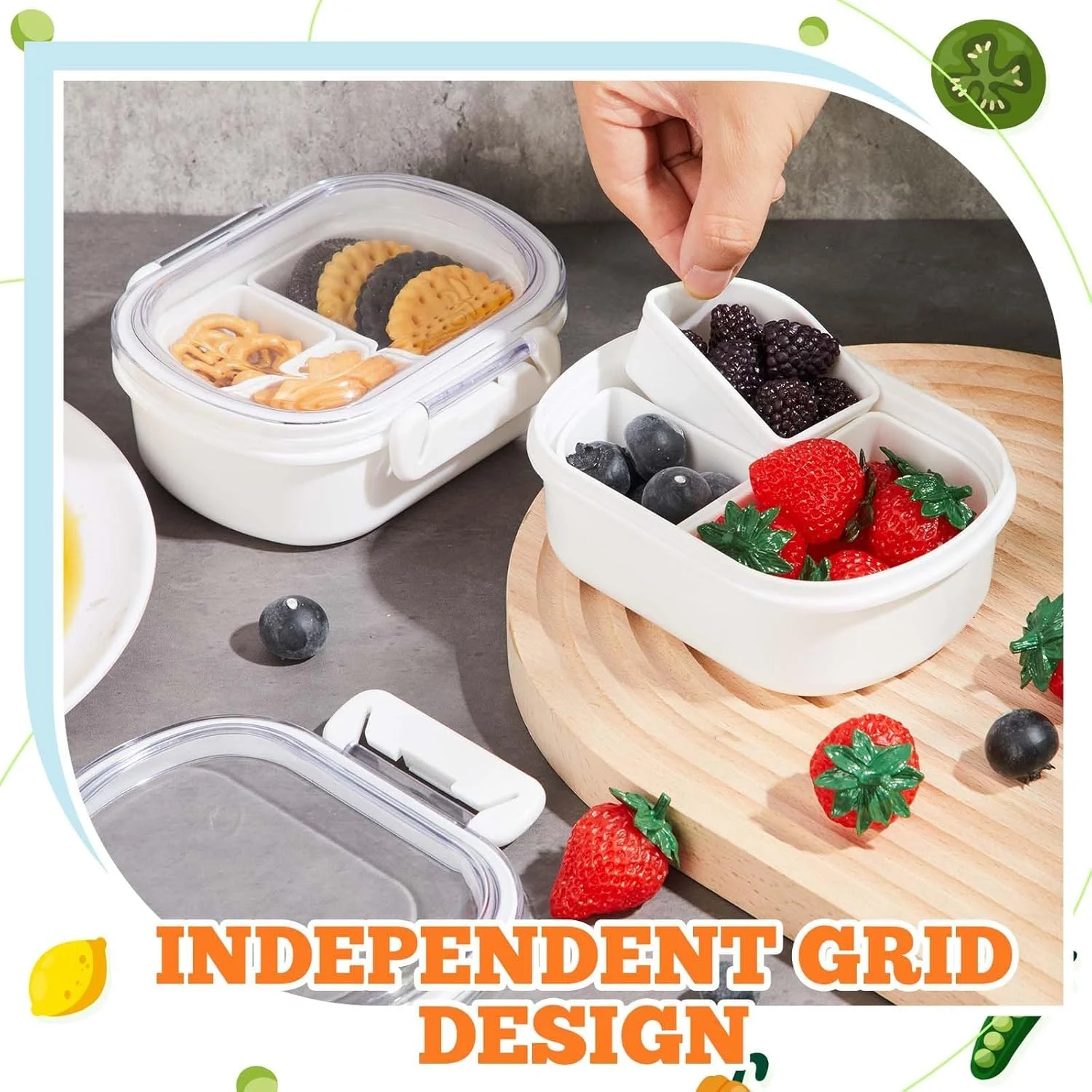 بسته 2 عددی ظرف اسنک 3 قسمتی برای کودکان، جعبه ناهار مینی بنتو قابل استفاده مجدد با جداکننده، ایده آل برای میوه ها، آب نبات، سالاد و کلوچه، سینی کنترل مقدار 1.6 فنجانی با درب برای اسنک های بیرون از خانه