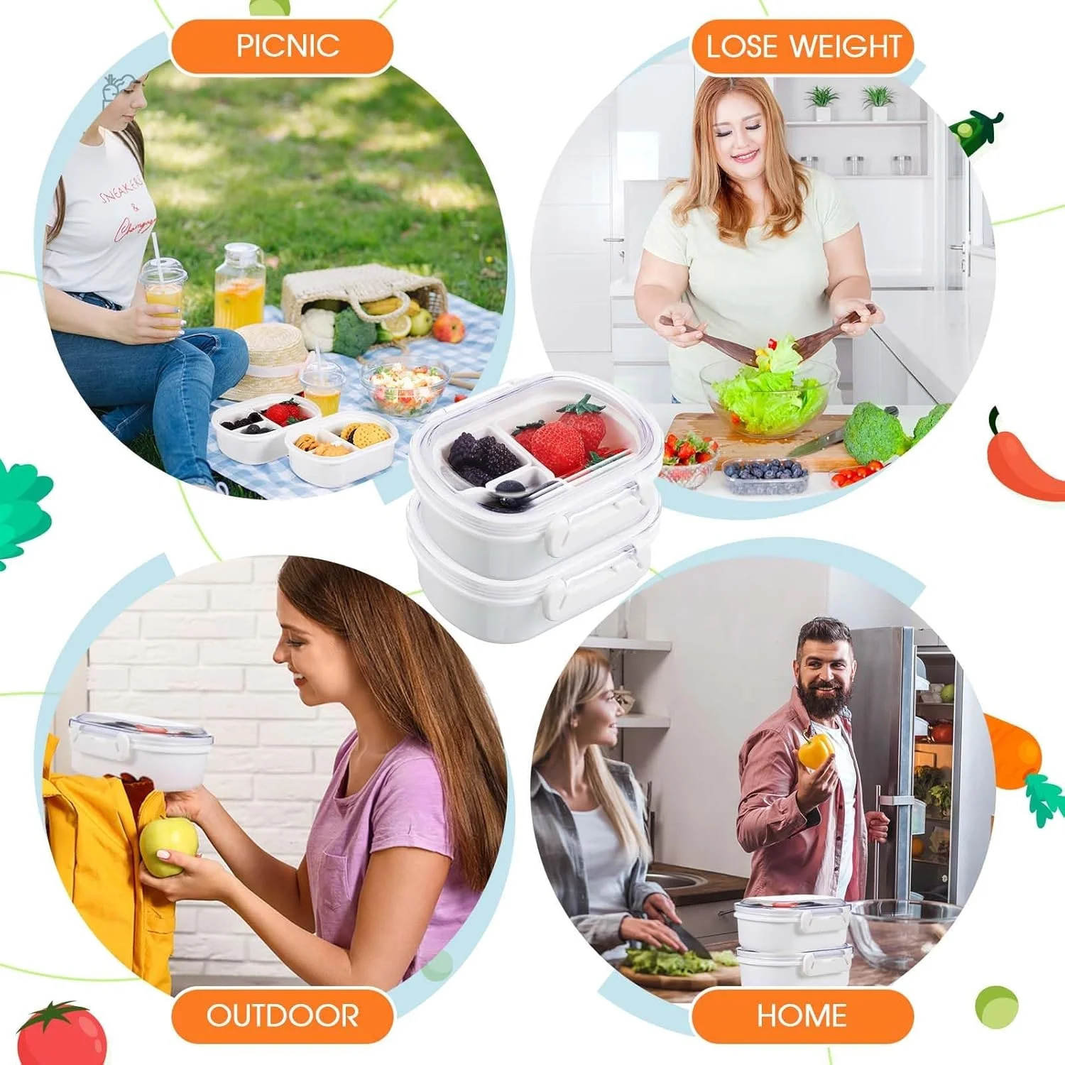 بسته 2 عددی ظرف اسنک 3 قسمتی برای کودکان، جعبه ناهار مینی بنتو قابل استفاده مجدد با جداکننده، ایده آل برای میوه ها، آب نبات، سالاد و کلوچه، سینی کنترل مقدار 1.6 فنجانی با درب برای اسنک های بیرون از خانه
