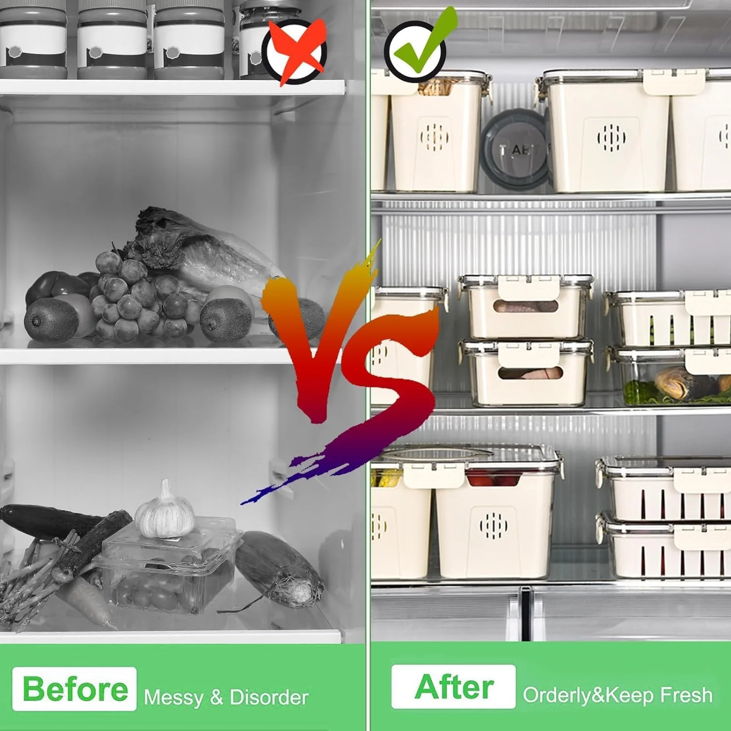 جعبه نظم دهنده یخچال 2 عددی، ظرف نگهداری مواد غذایی تقسیم شده، سطل نگهداری میوه با 4 سبد تخلیه، جعبه صافی سبزیجات قابل انباشت برای یخچال فریزر، جعبه تنقلات برای آب نبات و آجیل (4 تخلیه-A)