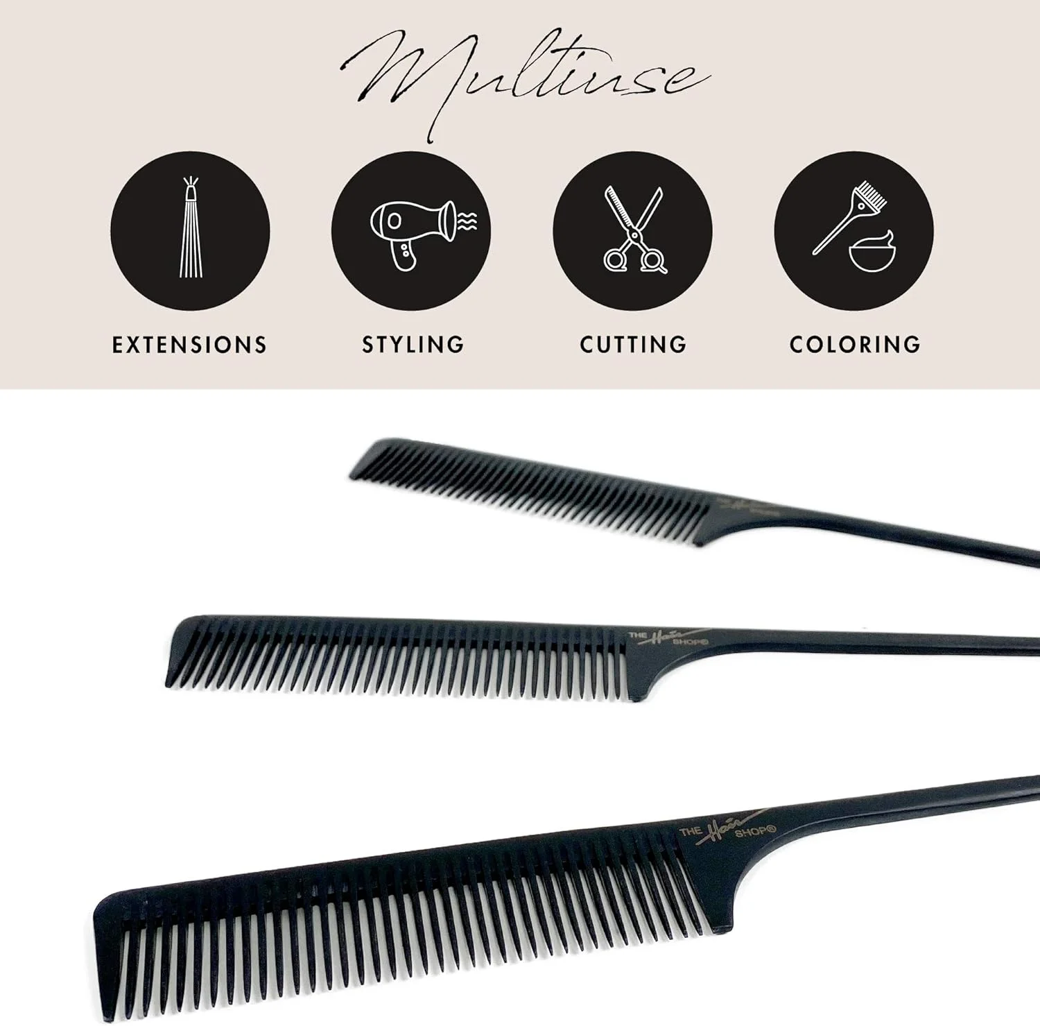 شانه دم باریک آرایشگاهی، شانه موی دم موشی مشکی ارگونومیک ممتاز، مقاوم در برابر حرارت، مناسب برای پوش دادن مو، 3 عددی به همراه یک گیره موی چفتی رایگان