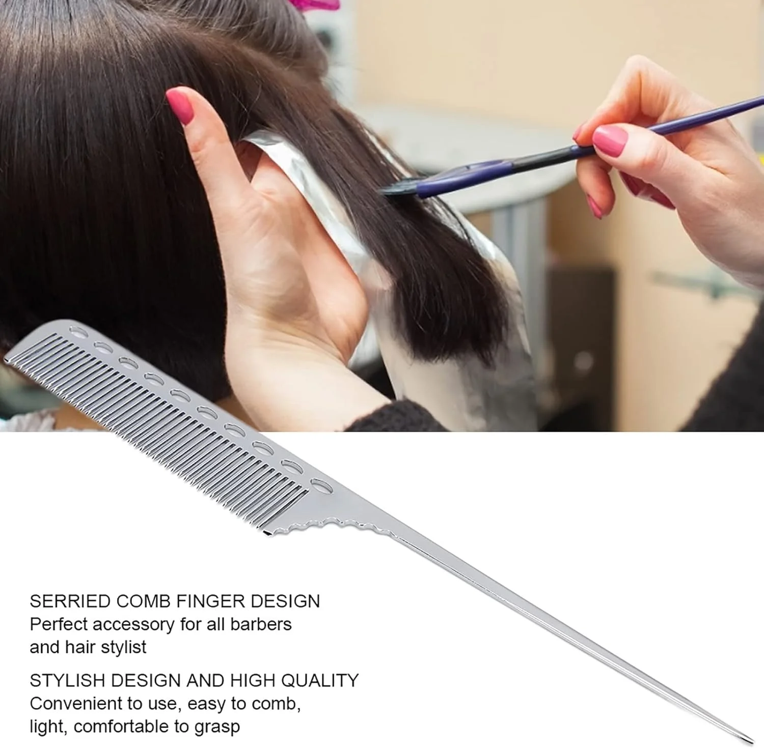 شانه دم باریک، شانه حرفه ای مو برای تقسیم بندی، پوش دادن و حالت دهی پیچیده (نقره ای)