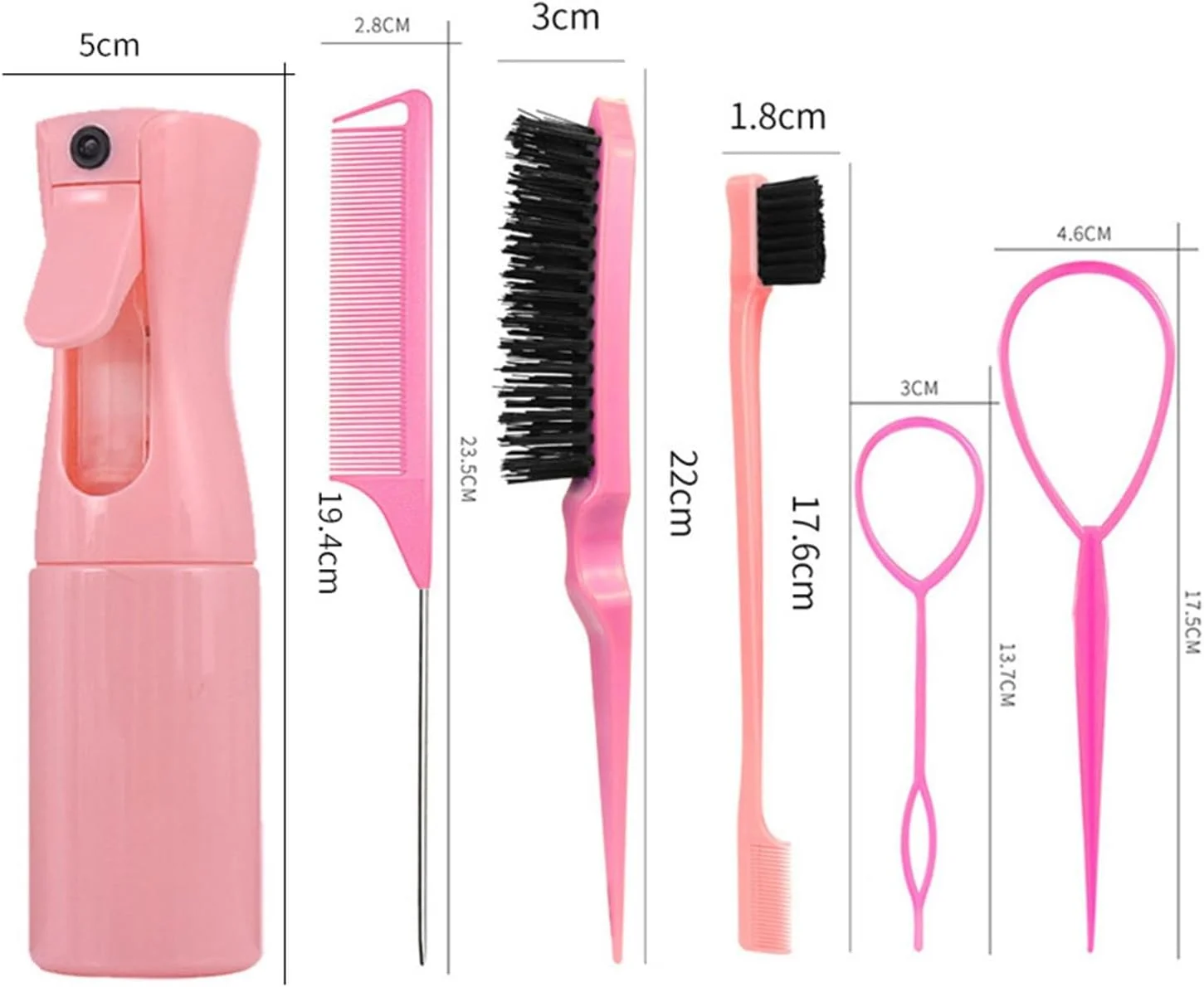ست برس موی 6 تکه STAYOUNG - ست برس پوش دهنده پلاستیکی با ابزار دم اسبی، شانه موش صحرایی، کنترل موهای زائد، شانه لبه دار و بطری اسپری، برای آرایشگر موی زنانه (صورتی)