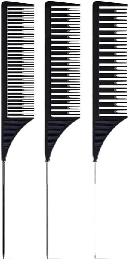 ست شانه رنگ موی حرفه ای 3 تکه SKYPIA - شانه های هایلایت با دم موشی استیل بلند برای بافت و حالت دادن مو (مشکی)