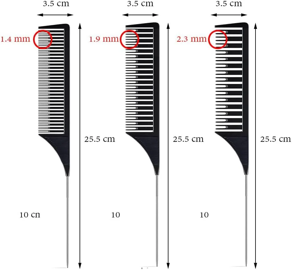 ست شانه رنگ موی حرفه ای 3 تکه SKYPIA - شانه های هایلایت با دم موشی استیل بلند برای بافت و حالت دادن مو (مشکی)