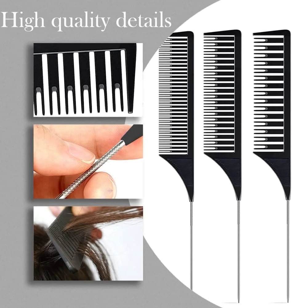 ست شانه رنگ موی حرفه ای 3 تکه SKYPIA - شانه های هایلایت با دم موشی استیل بلند برای بافت و حالت دادن مو (مشکی)