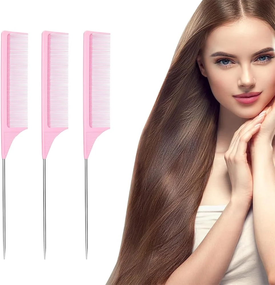 روکینووی شانه مو 3 عددی، شانه موی دم موشی ضد الکتریسیته ساکن، شانه دم موشی حالت دهنده فیبر کربنی، با شانه پارویی ضد لغزش برای انواع مو، شانه دم سوزنی مشکی