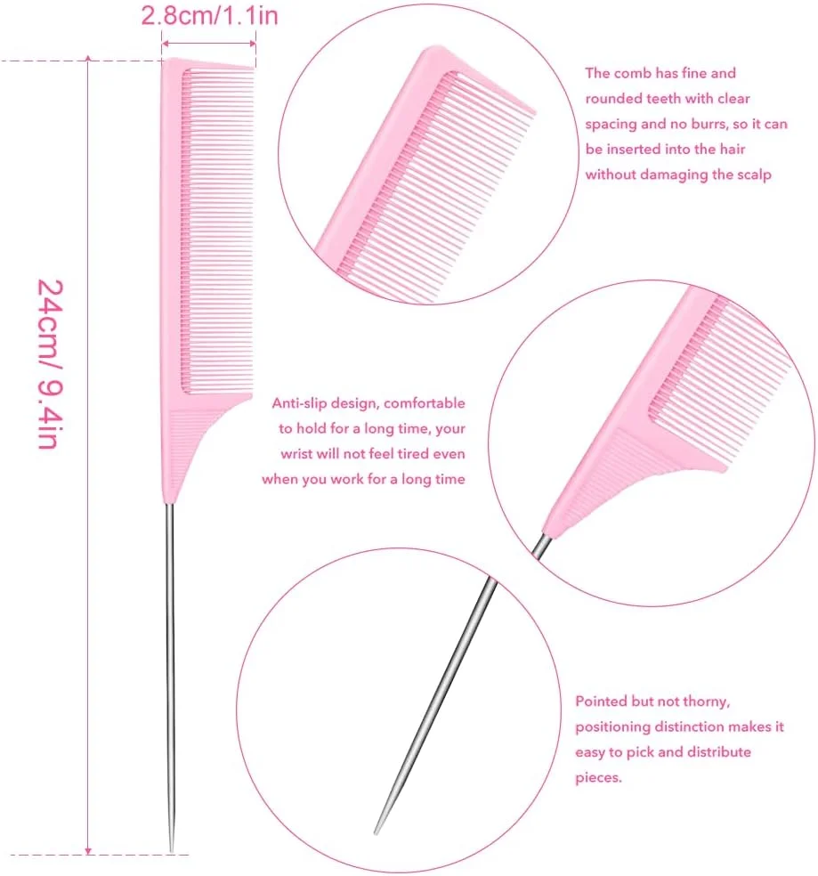 روکینووی شانه مو 3 عددی، شانه موی دم موشی ضد الکتریسیته ساکن، شانه دم موشی حالت دهنده فیبر کربنی، با شانه پارویی ضد لغزش برای انواع مو، شانه دم سوزنی مشکی