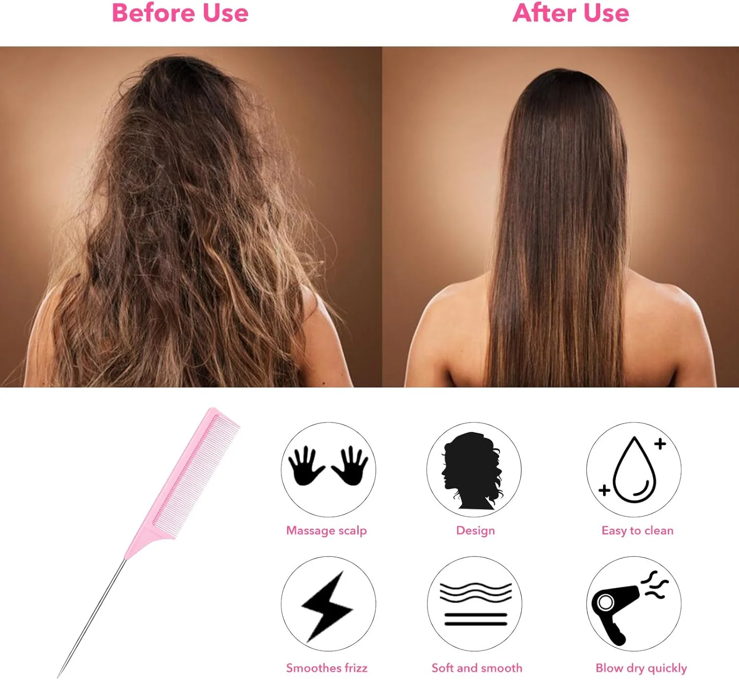 روکینووی شانه مو 3 عددی، شانه موی دم موشی ضد الکتریسیته ساکن، شانه دم موشی حالت دهنده فیبر کربنی، با شانه پارویی ضد لغزش برای انواع مو، شانه دم سوزنی مشکی