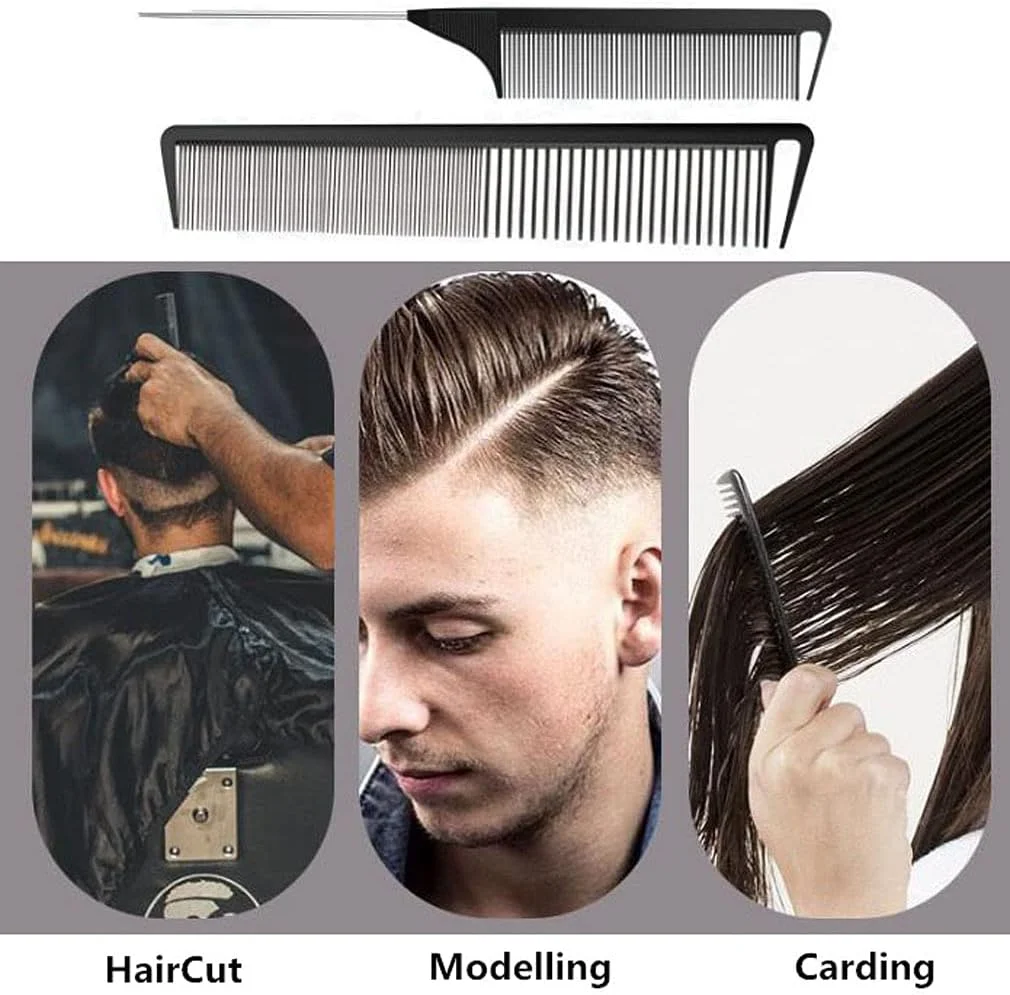 ست شانه دم موشی، 3 عدد شانه حالت دهی آرایشگری، شانه دندانه پهن و ظریف، شانه دم باریک فیبر کربن و استیل ضد زنگ به همراه 6 عدد گیره فر کننده فلزی سوسماری برای زنان و دختران از RuiChy