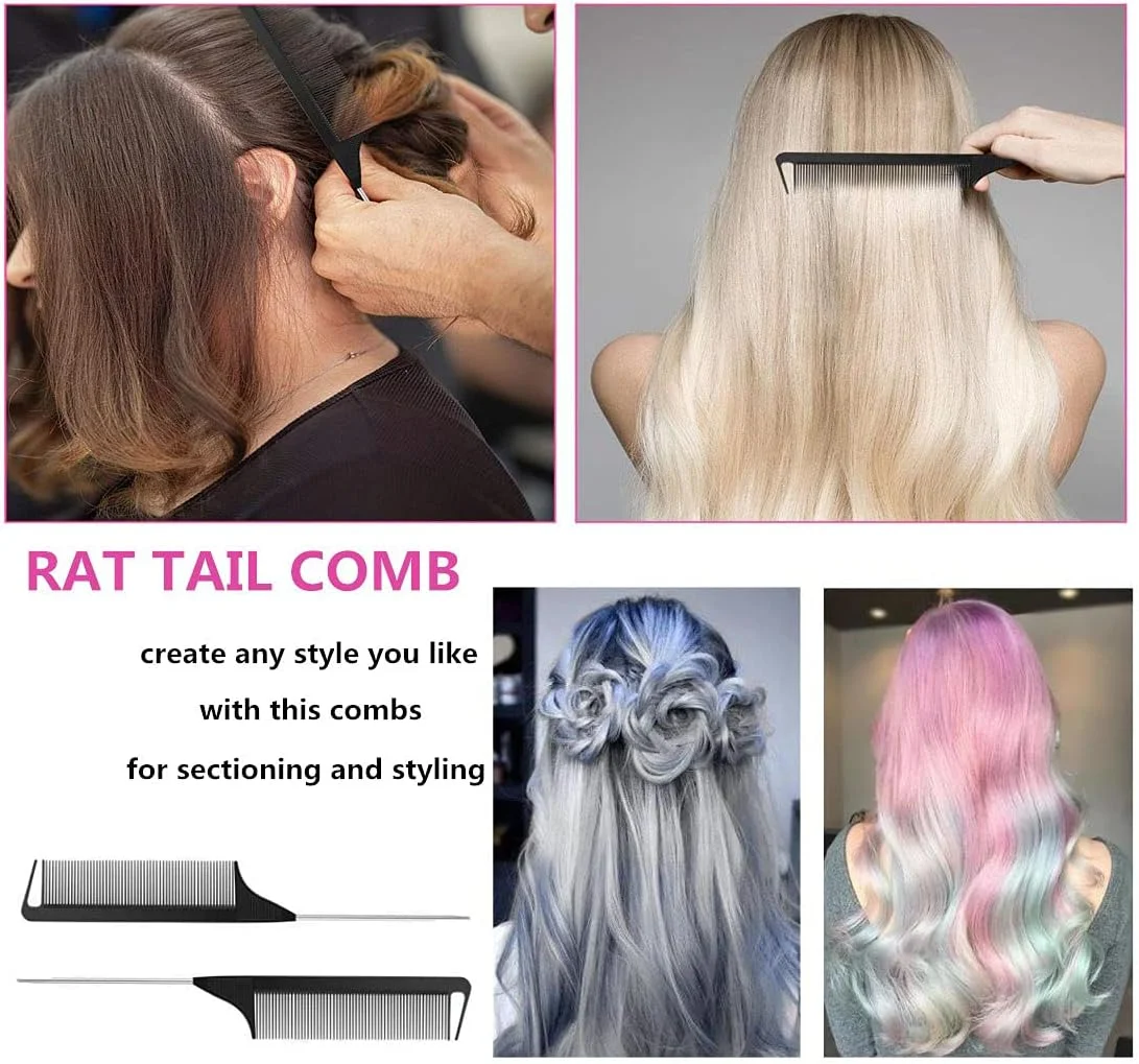 ست شانه دم موشی، 3 عدد شانه حالت دهی آرایشگری، شانه دندانه پهن و ظریف، شانه دم باریک فیبر کربن و استیل ضد زنگ به همراه 6 عدد گیره فر کننده فلزی سوسماری برای زنان و دختران از RuiChy