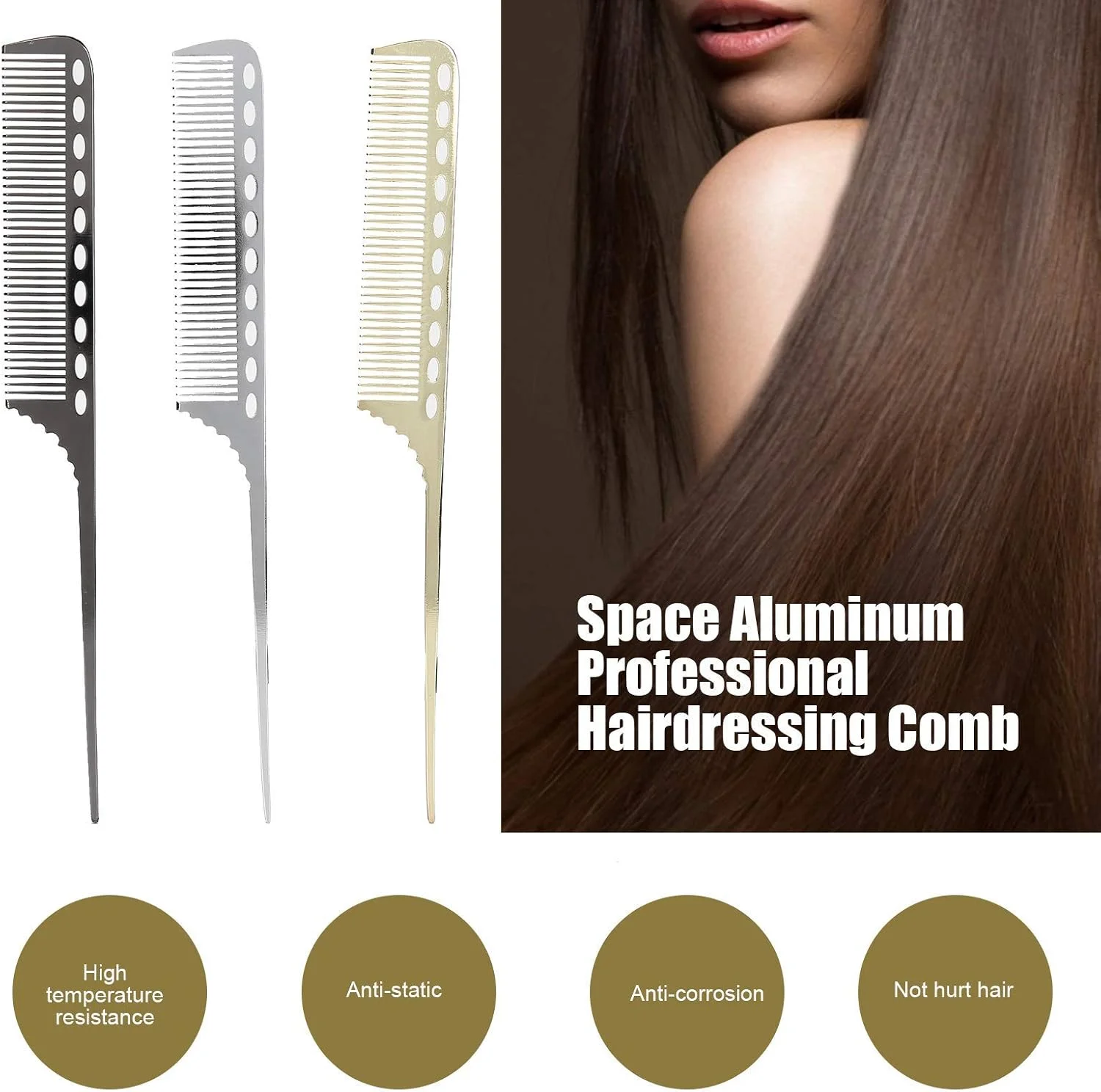 شانه دم موشی 3 عددی، شانه حالت دهنده موی آرایشگری آلومینیومی فضایی ضد الکتریسیته ساکن برای آرایشگاه یا خانه